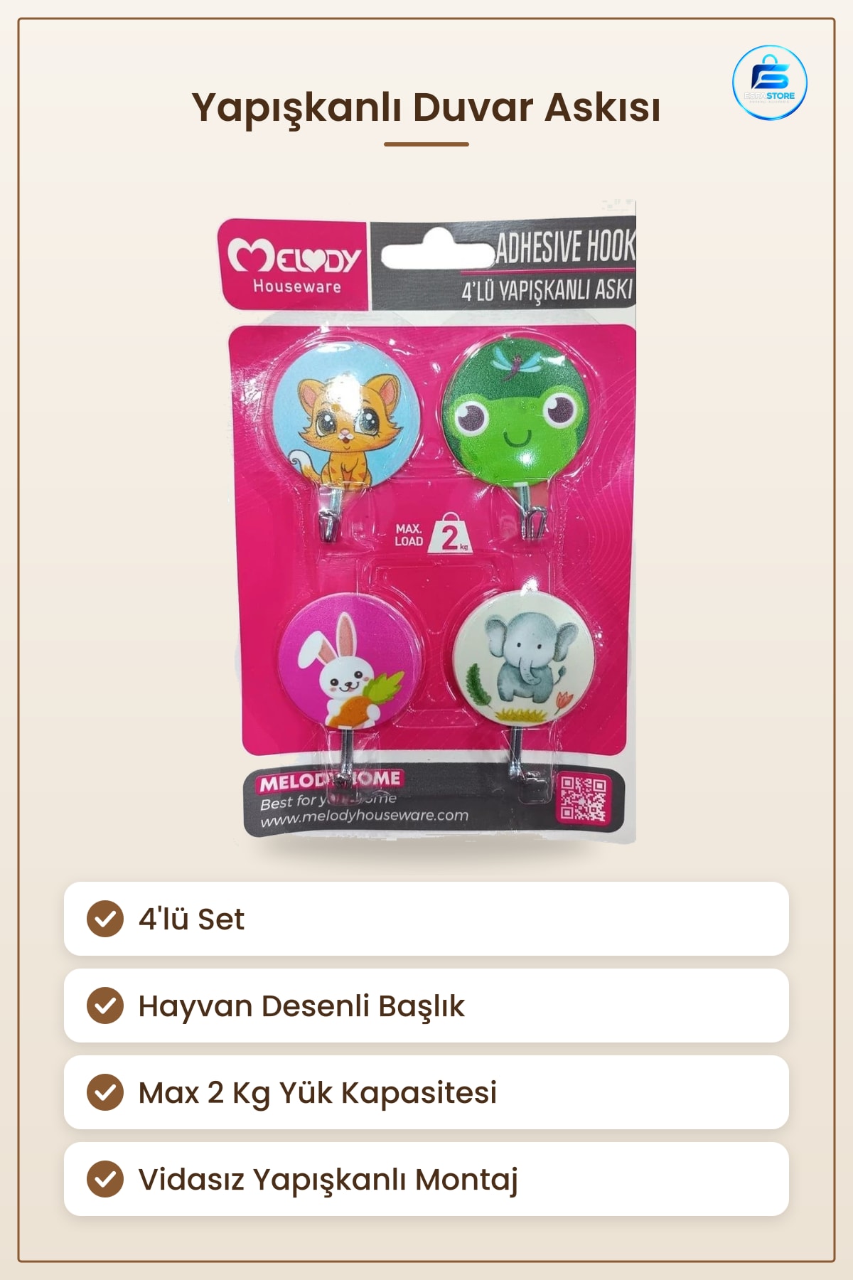 Vapışkanlı Askı 4lü Sevimli Hayvan Desenli Duvar Tutucu Max 2 Kg Yük Kapasiteli Kanca