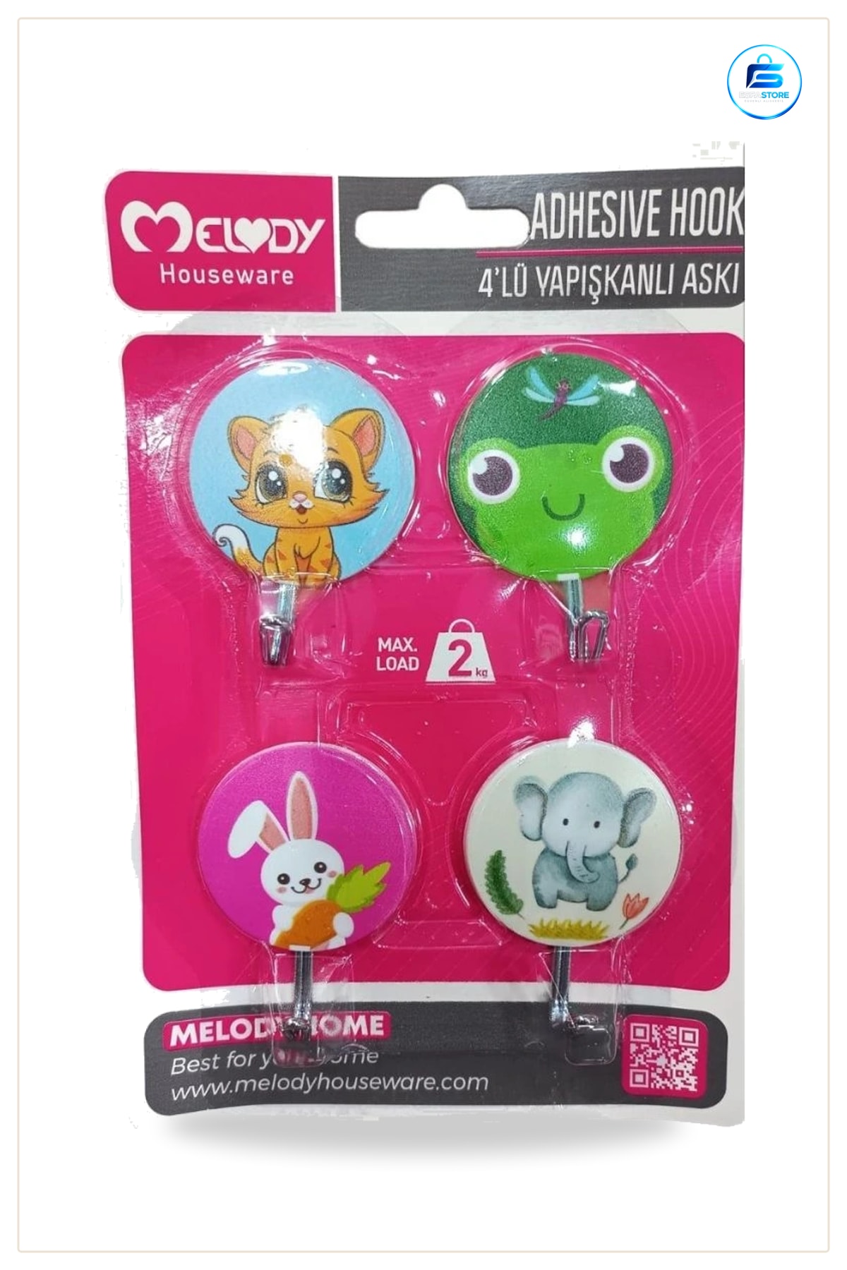Vapışkanlı Askı 4lü Sevimli Hayvan Desenli Duvar Tutucu Max 2 Kg Yük Kapasiteli Kanca