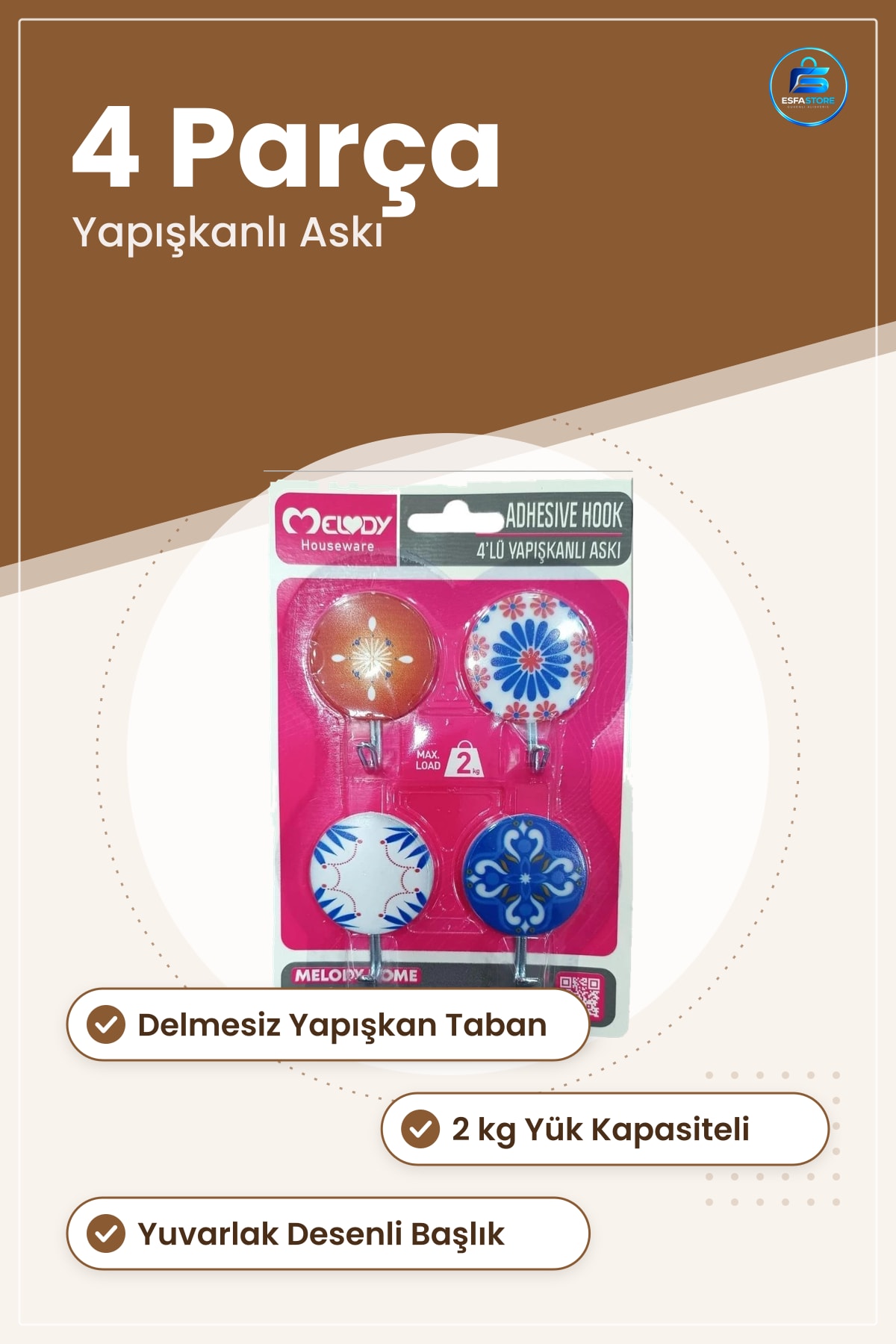 Tema Desenli Yapışkanlı Askı 4 Parça 2 kg Yük Kapasiteli Duvar ve Kapı Arkası Düzenleyici