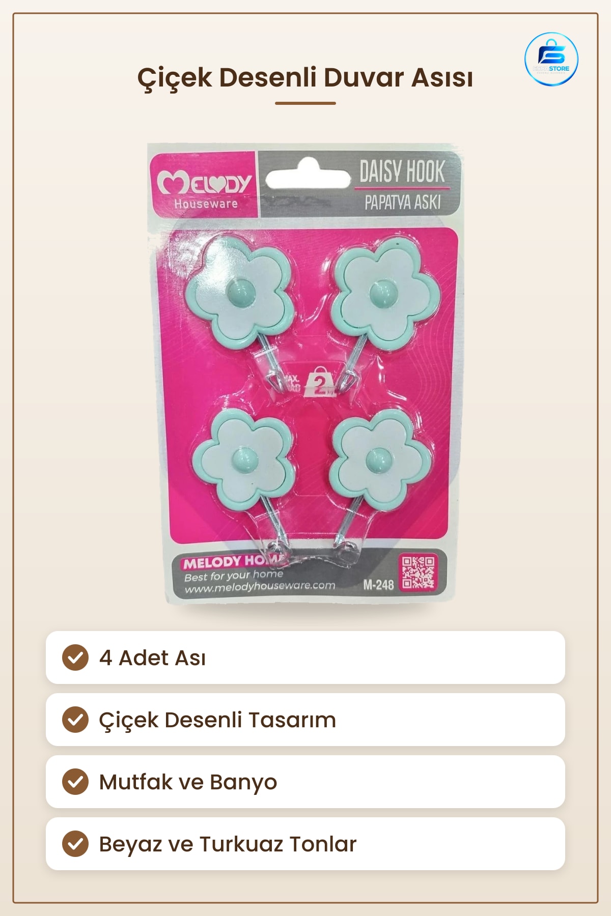 Tomurcuk Ası 4 Adet Çiçek Desenli Duvar Asısı Papatya Mutfak Banyo Dekoratif Ev Düzenleme