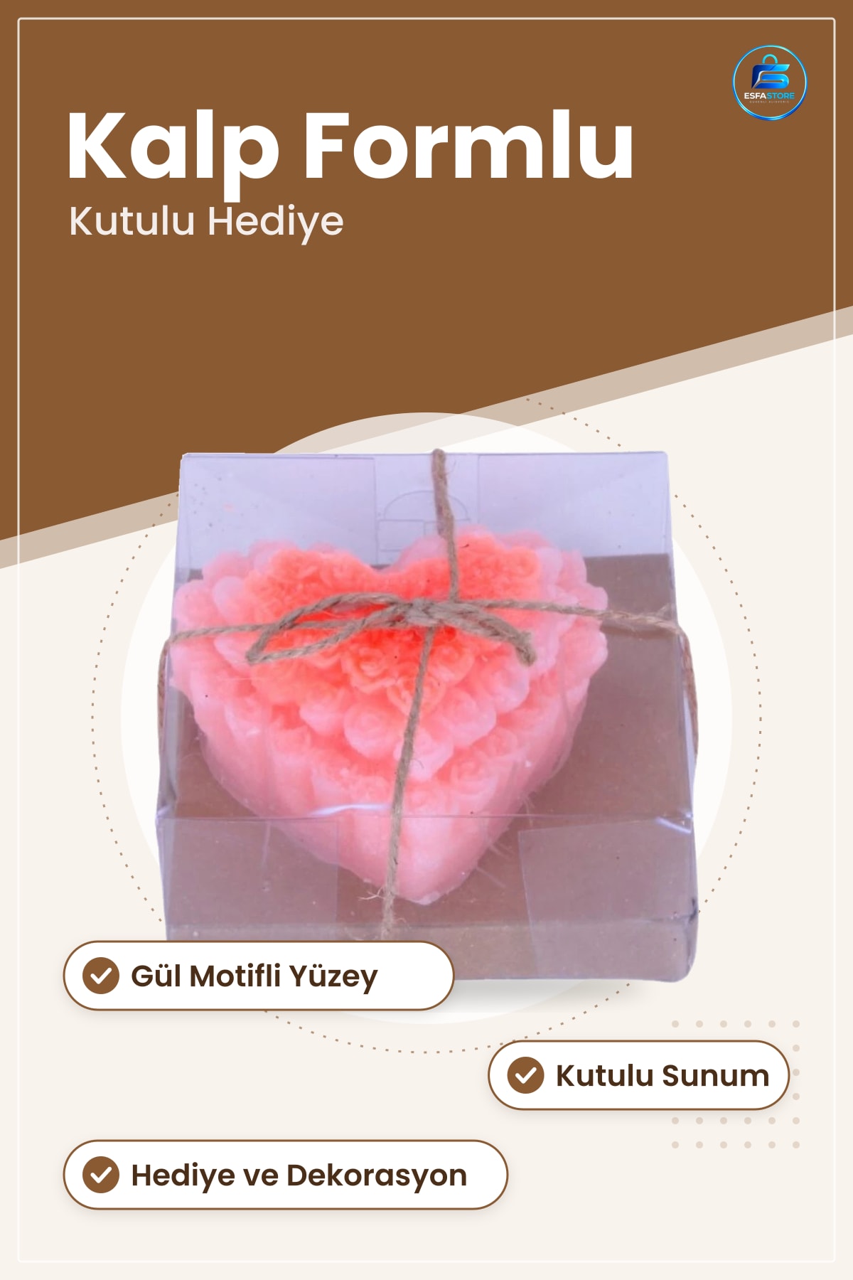 Gül Motifli Kalpli Mum Hediyelik Dekoratif Ev Dekorasyonu İçin Kutulu Sevgi Hediyesi