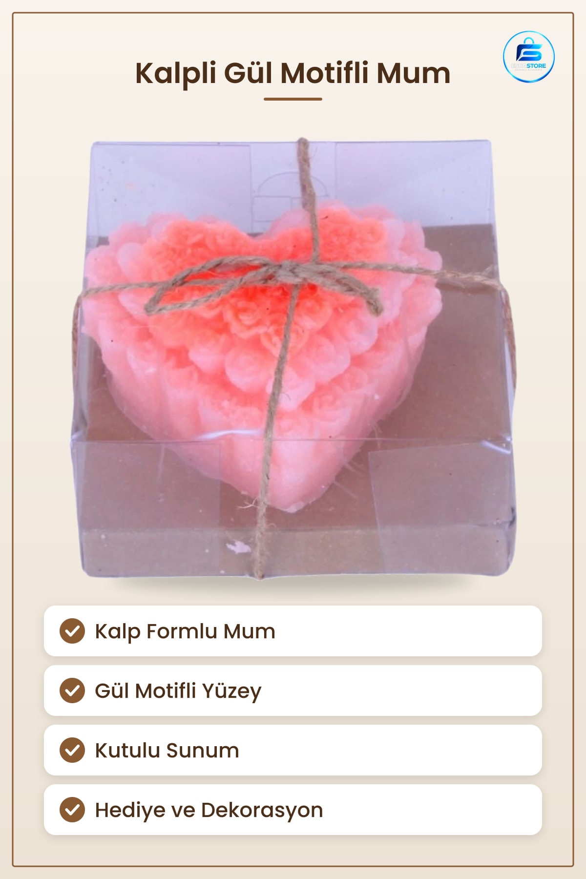 Gül Motifli Kalpli Mum Hediyelik Dekoratif Ev Dekorasyonu İçin Kutulu Sevgi Hediyesi