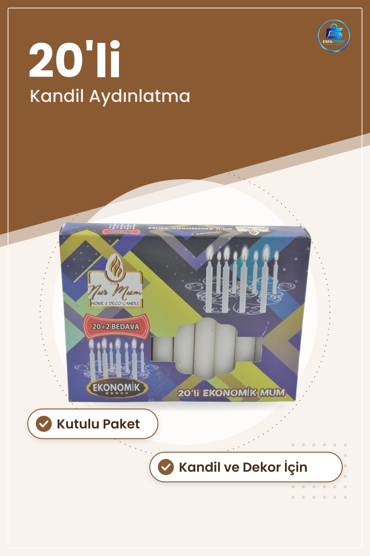 20'li Ekonomik Beyaz Mum Seti Ev Dekorasyonu ve Kandil İçin Aydınlatma Kullanım Kutulu Paket