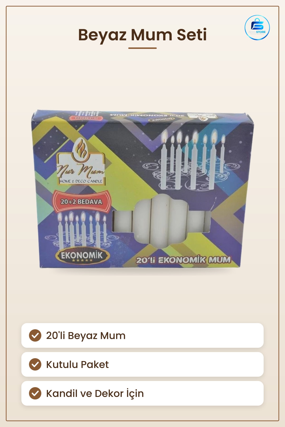20'li Ekonomik Beyaz Mum Seti Ev Dekorasyonu ve Kandil İçin Aydınlatma Kullanım Kutulu Paket