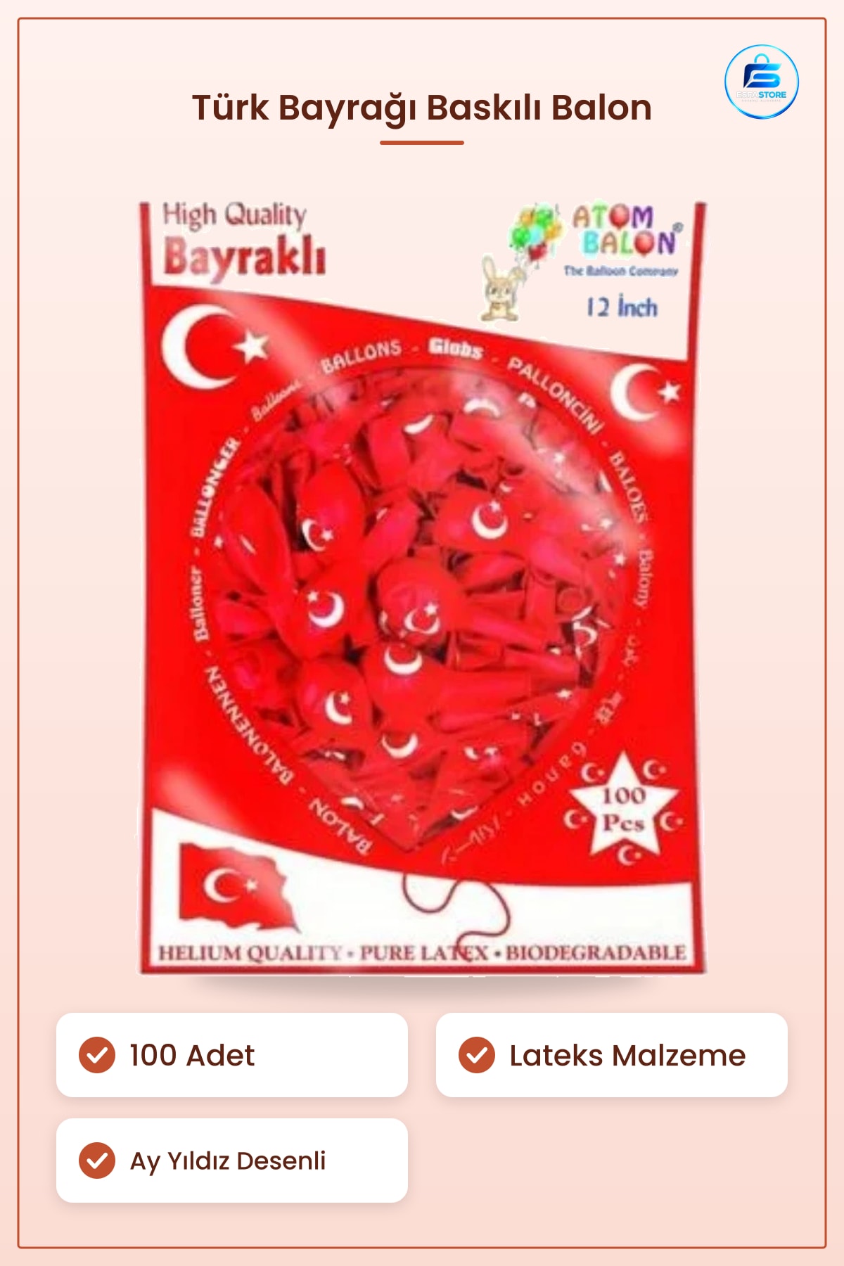 Türk Bayrağı Baskılı Balon 100'lü Lateks Parti Malzemesi Kutlama ve Etkinlik Süslemesi