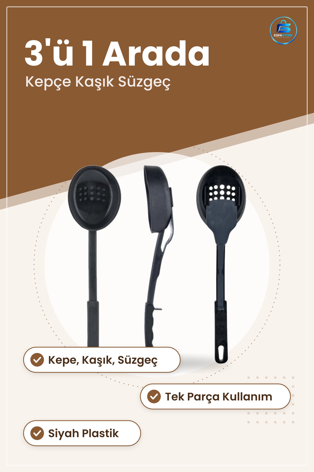 3'ü 1 Arada Servis Seti Siyah Plastik Kepçe Süzgeç Kaşık Mutfak Sofra Aracı Çok Amaçlı