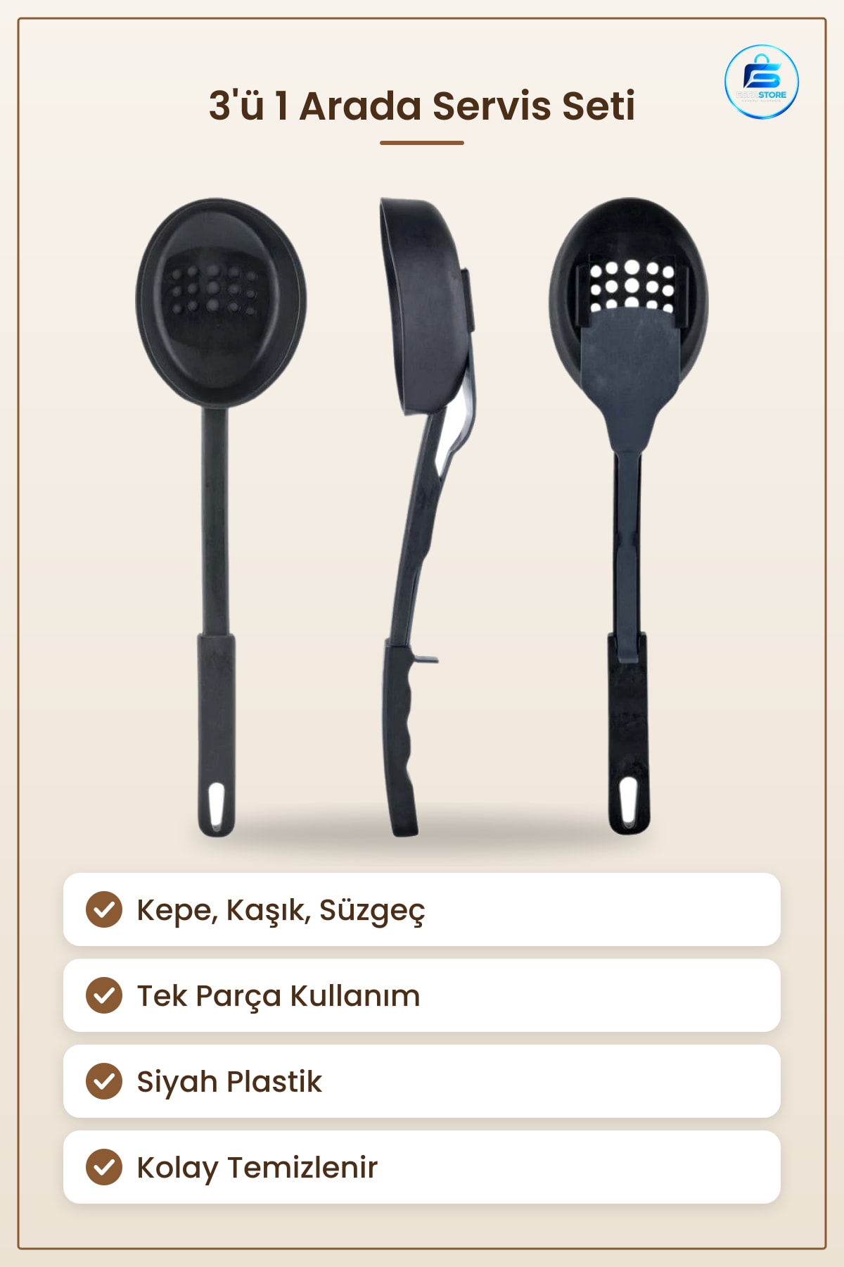 3'ü 1 Arada Servis Seti Siyah Plastik Kepçe Süzgeç Kaşık Mutfak Sofra Aracı Çok Amaçlı