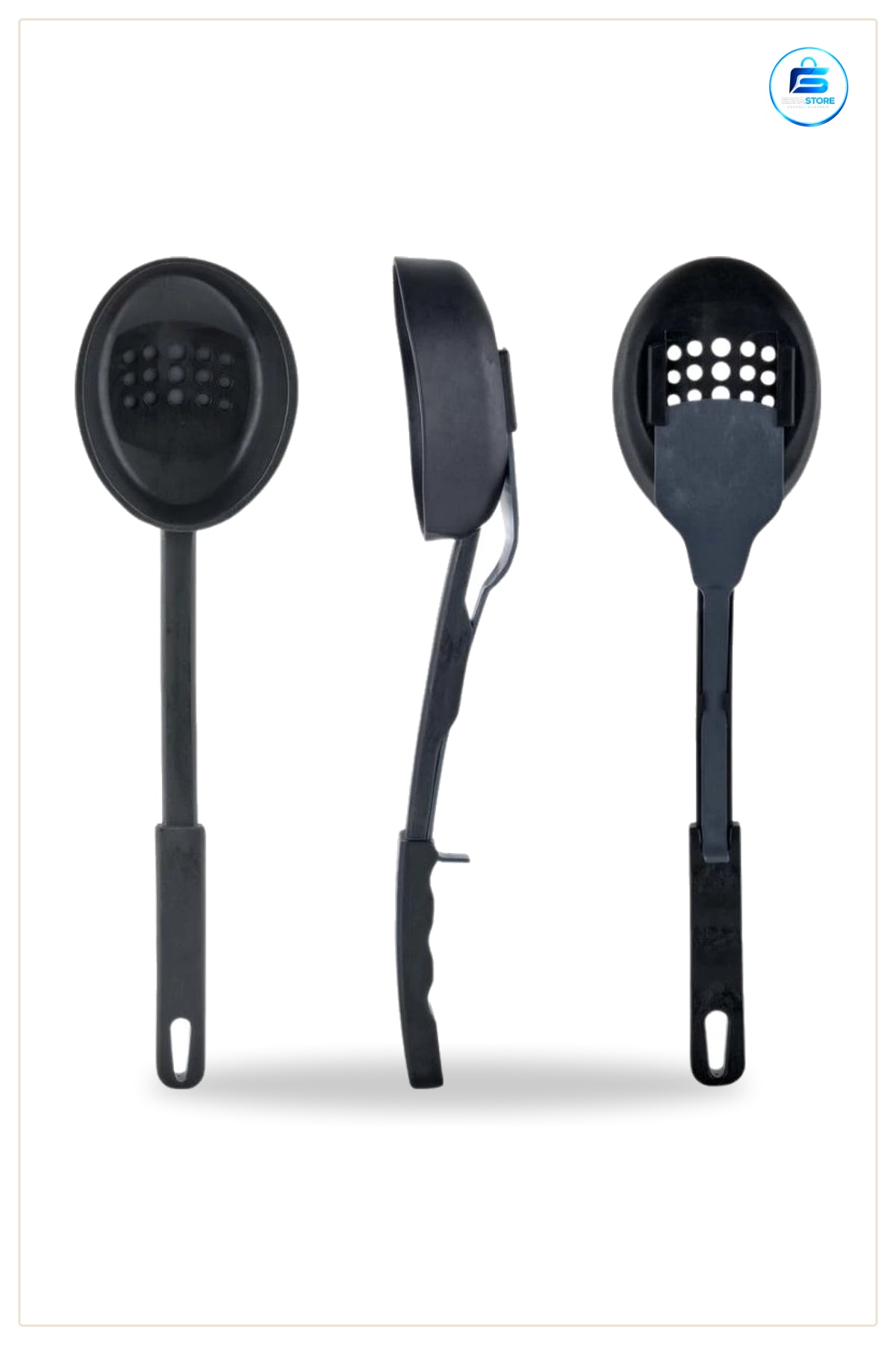 3'ü 1 Arada Servis Seti Siyah Plastik Kepçe Süzgeç Kaşık Mutfak Sofra Aracı Çok Amaçlı
