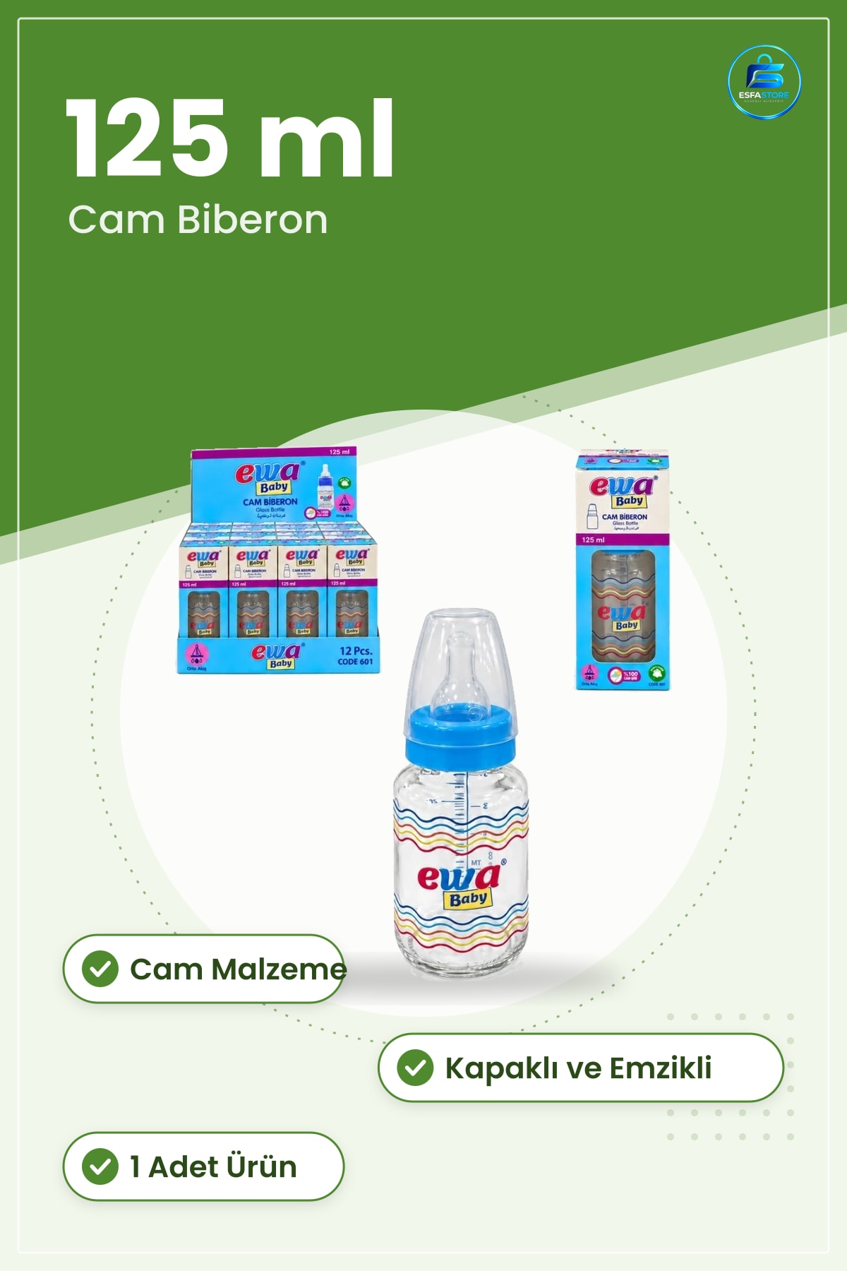 Cam Biberon 125 ml 1 Adet Beslenme Şişesi Emzikli Kapaklı Anne ve Bebek Bakım Ürünü