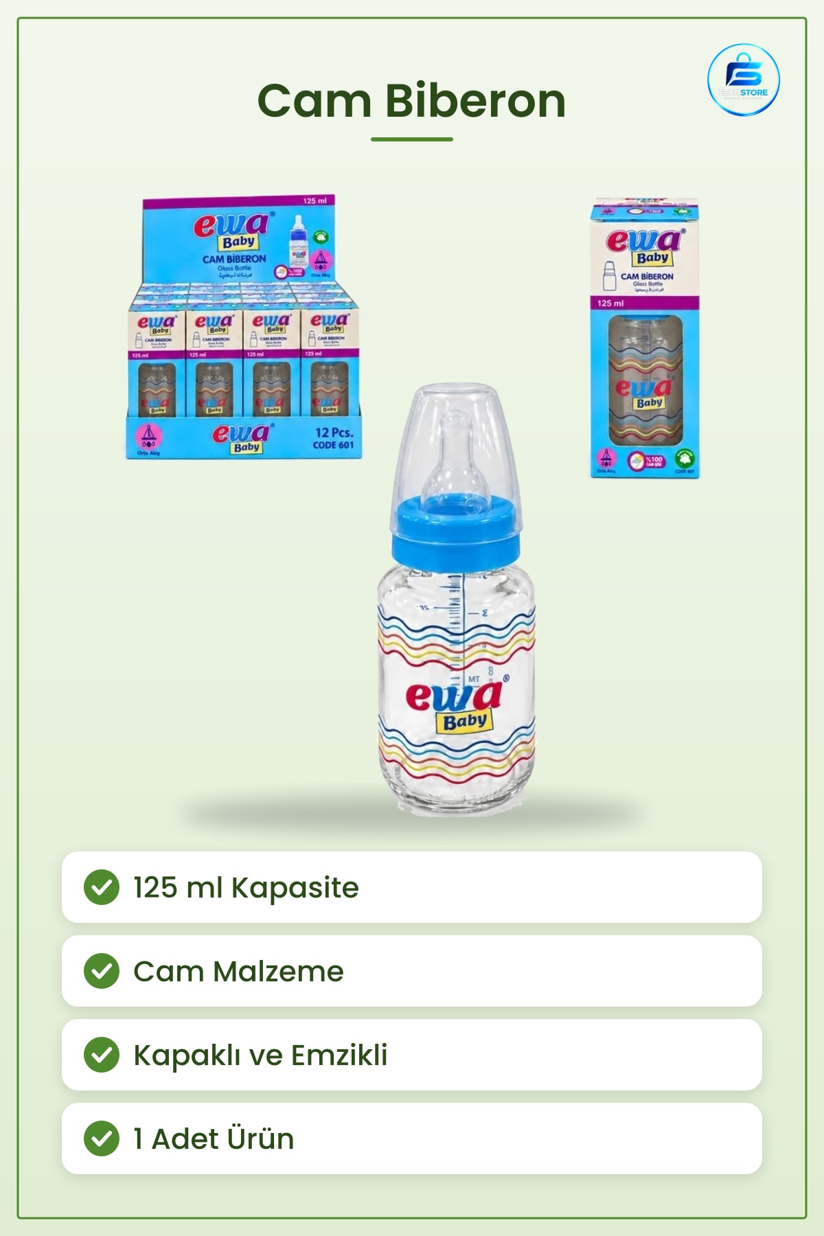 Cam Biberon 125 ml 1 Adet Beslenme Şişesi Emzikli Kapaklı Anne ve Bebek Bakım Ürünü