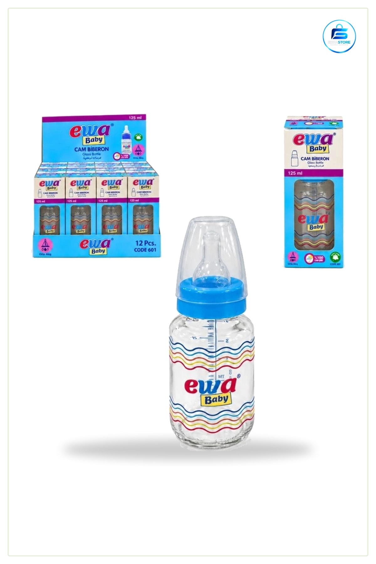 Cam Biberon 125 ml 1 Adet Beslenme Şişesi Emzikli Kapaklı Anne ve Bebek Bakım Ürünü