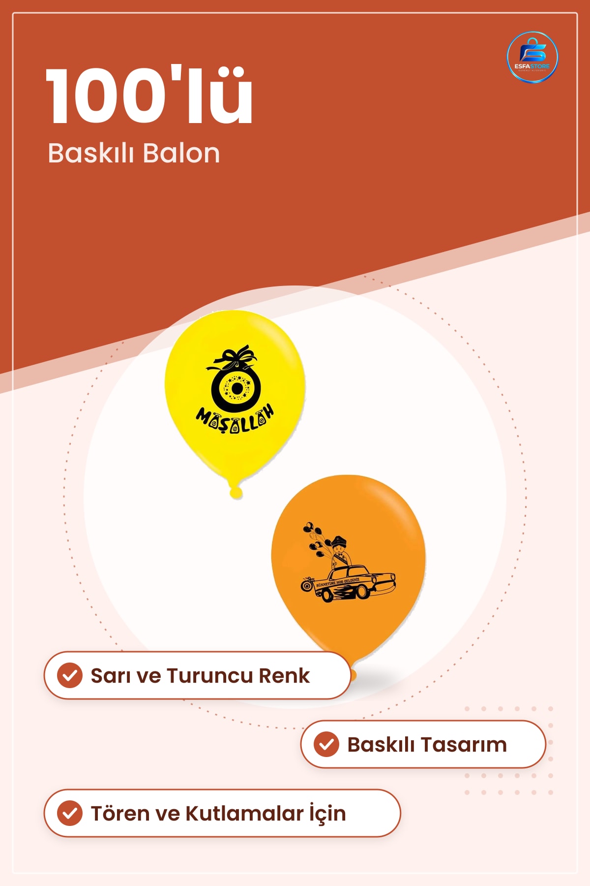 Maşallah Balon 100'lü Parti Balonu Sarı ve Turuncu Baskılı Tören Kutlama Süslemesi İçin