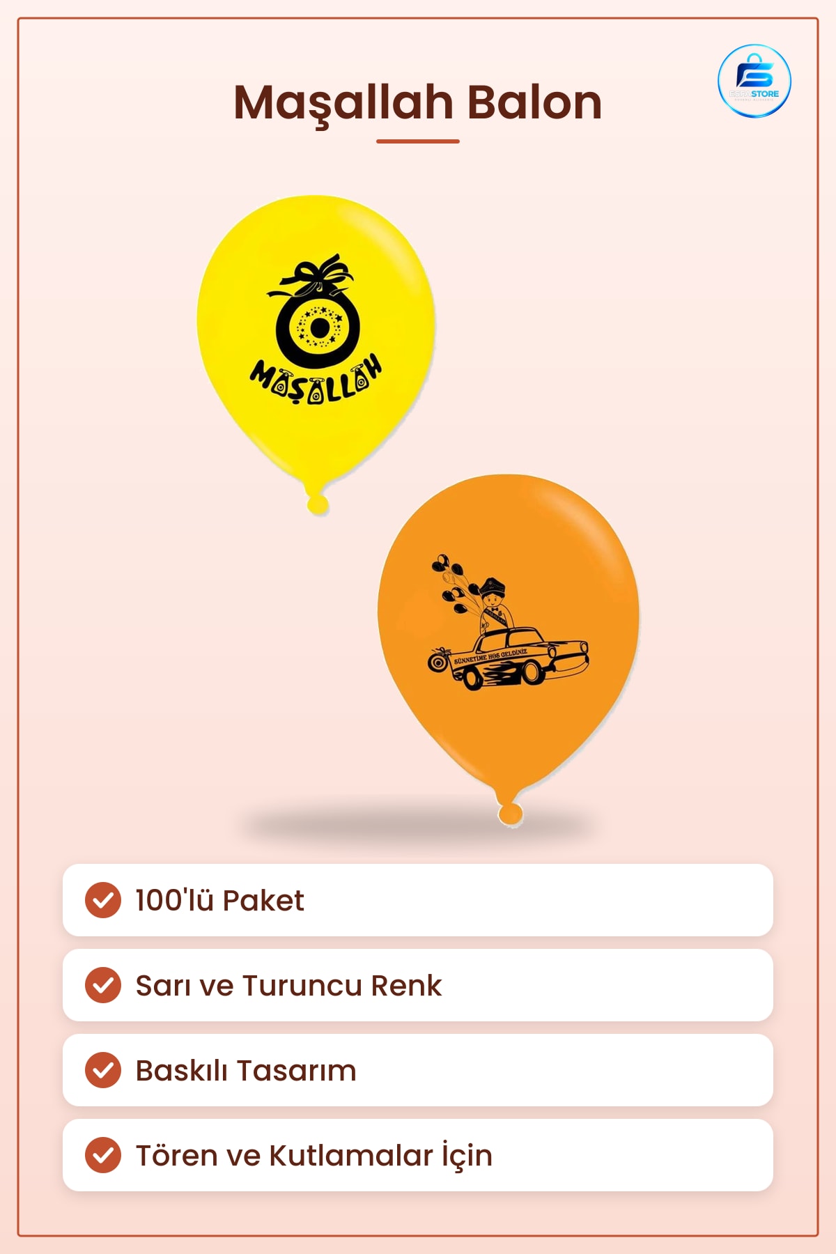 Maşallah Balon 100'lü Parti Balonu Sarı ve Turuncu Baskılı Tören Kutlama Süslemesi İçin