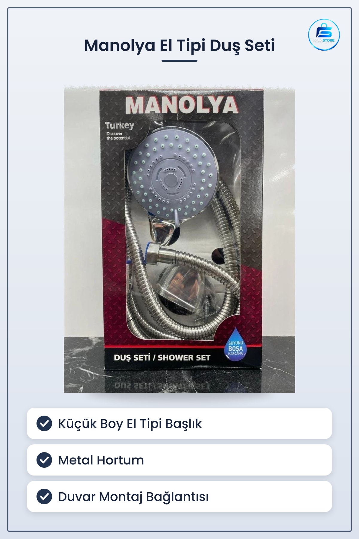 Duş Sistemi Manolya Küçük Boy El Tipi Başlıklı Metal Hortumlu Banyo Seti Kullanım Kolaylığı