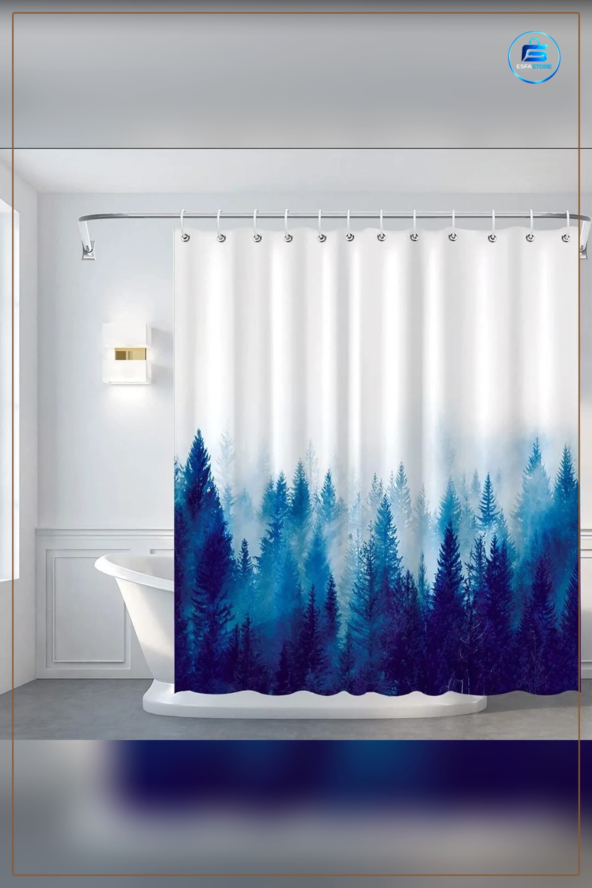 Banyo Perdesi Mavi Orman Desenli Dekoratif Halkalı Kancalı Duş Ev Tekstili Kullanışlı