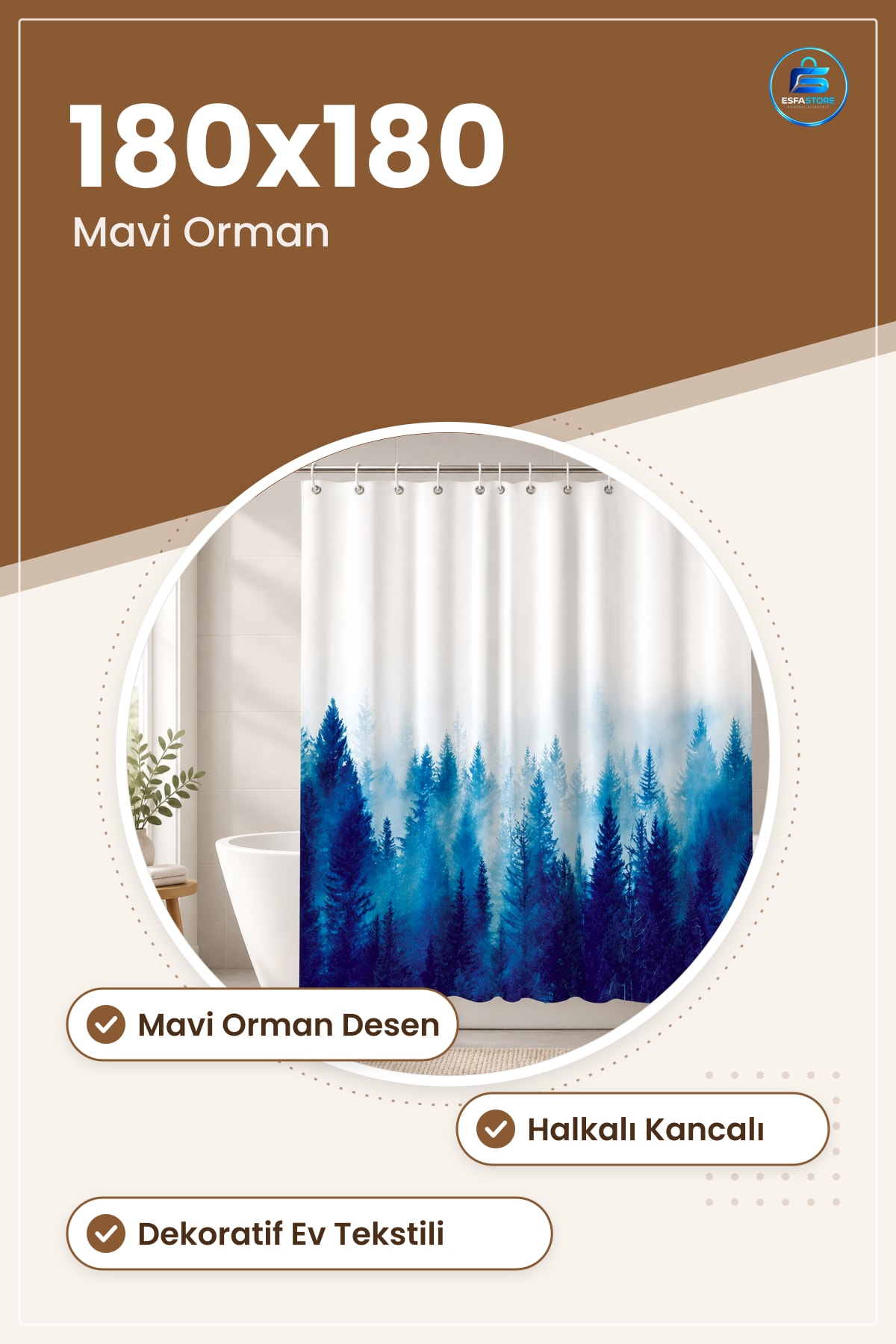 Banyo Perdesi Mavi Orman Desenli Dekoratif Halkalı Kancalı Duş Ev Tekstili Kullanışlı