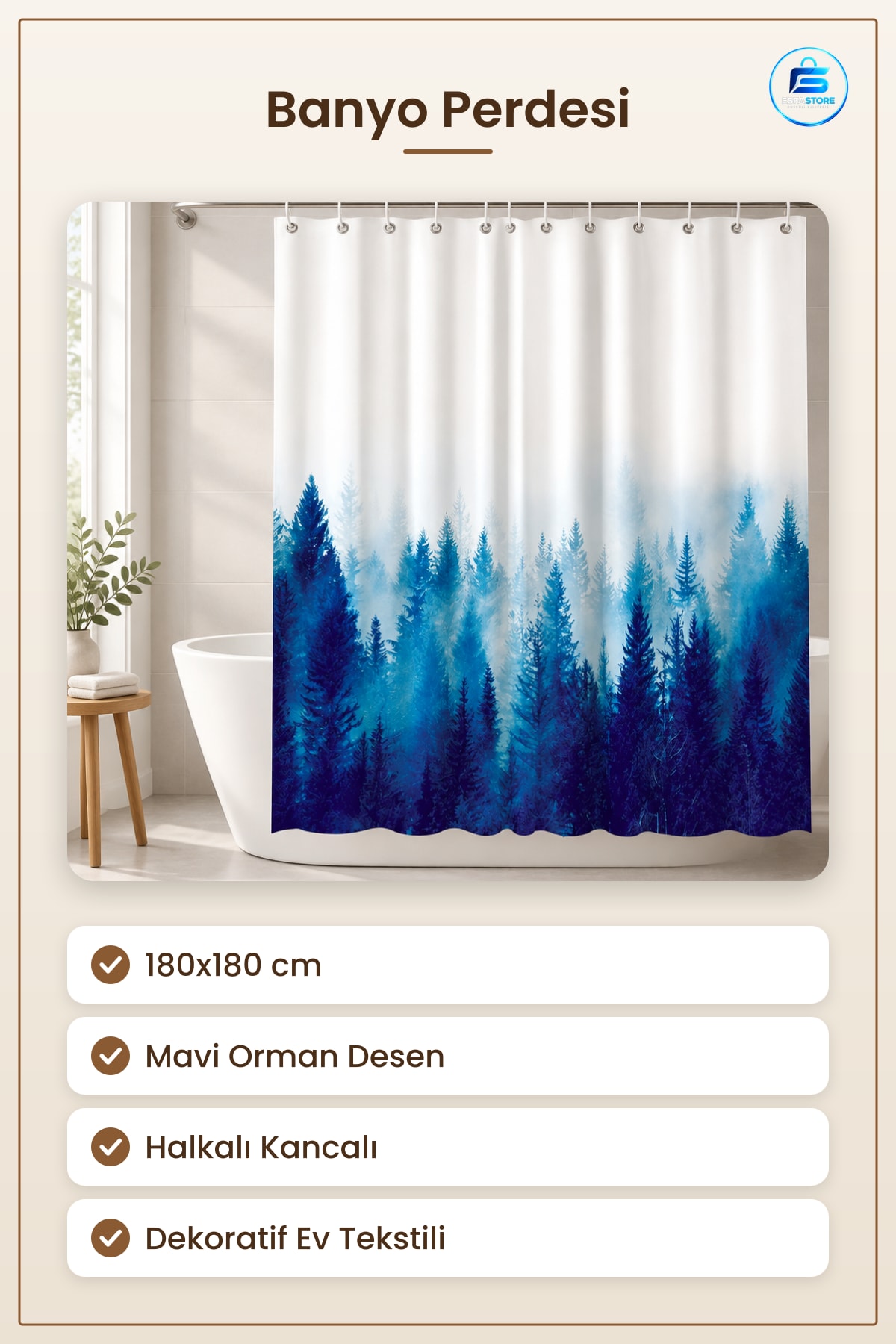 Banyo Perdesi Mavi Orman Desenli Dekoratif Halkalı Kancalı Duş Ev Tekstili Kullanışlı