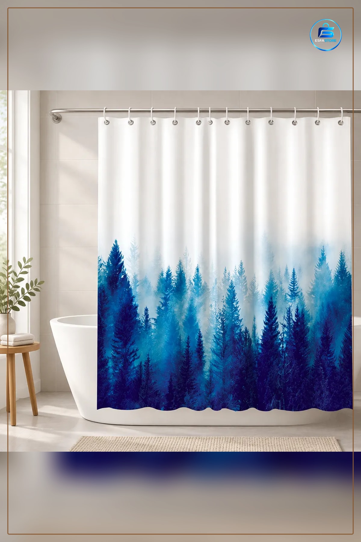 Banyo Perdesi Mavi Orman Desenli Dekoratif Halkalı Kancalı Duş Ev Tekstili Kullanışlı