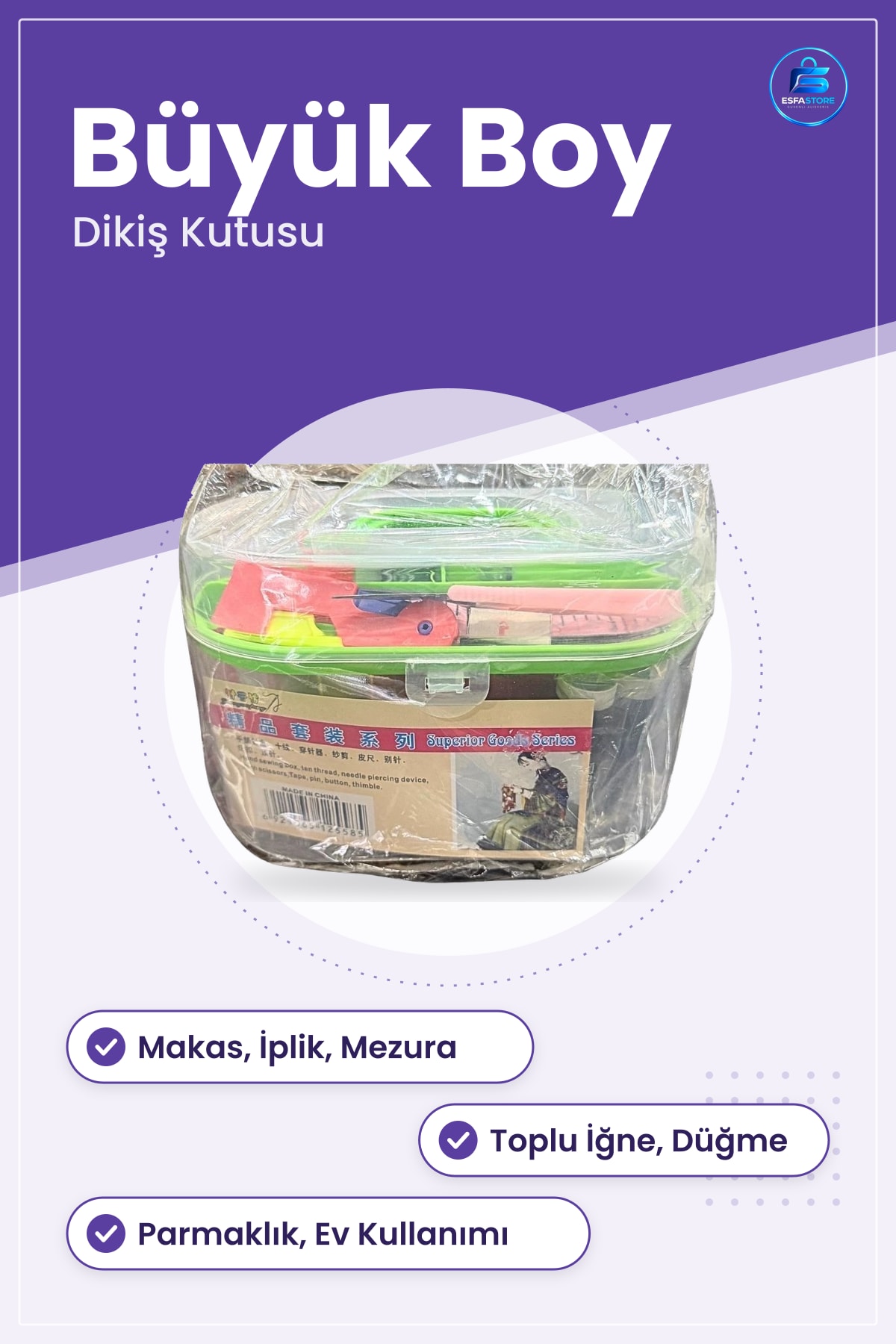 Büyük Dikiş Kutusu Kırtasiye Seti Makas İplik Mezura Toplu İğne Düğme Parmaklık Ev Kullanımı