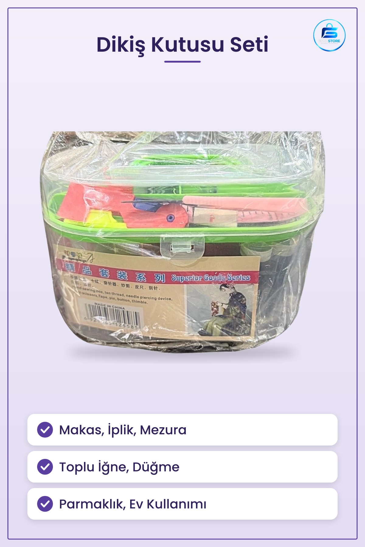 Büyük Dikiş Kutusu Kırtasiye Seti Makas İplik Mezura Toplu İğne Düğme Parmaklık Ev Kullanımı