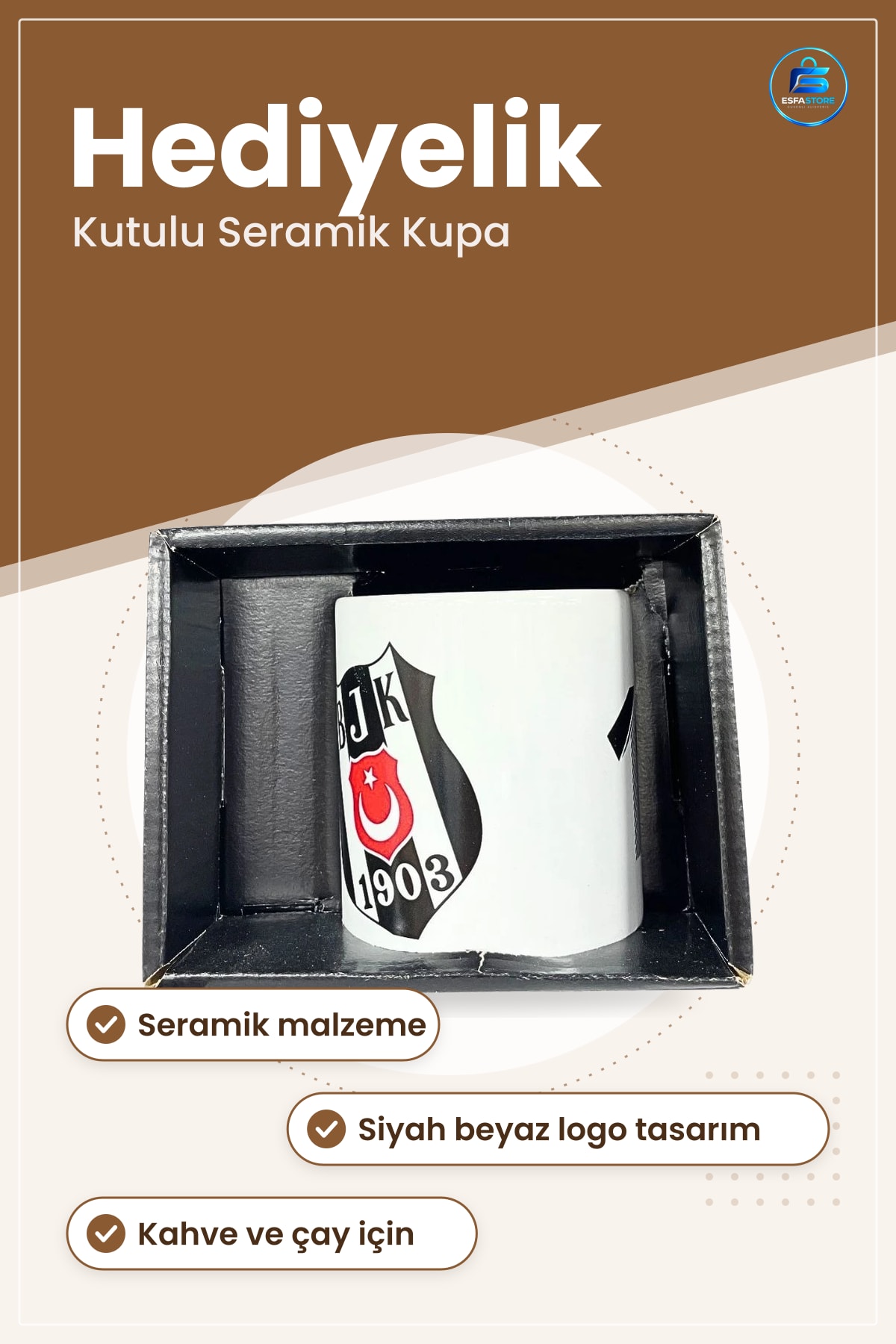 Taraftar Seramik Kupa Siyah Beyaz Logolu Hediyelik Kutulu Ev ve Ofis İçin Kahve Çay Kullanımı