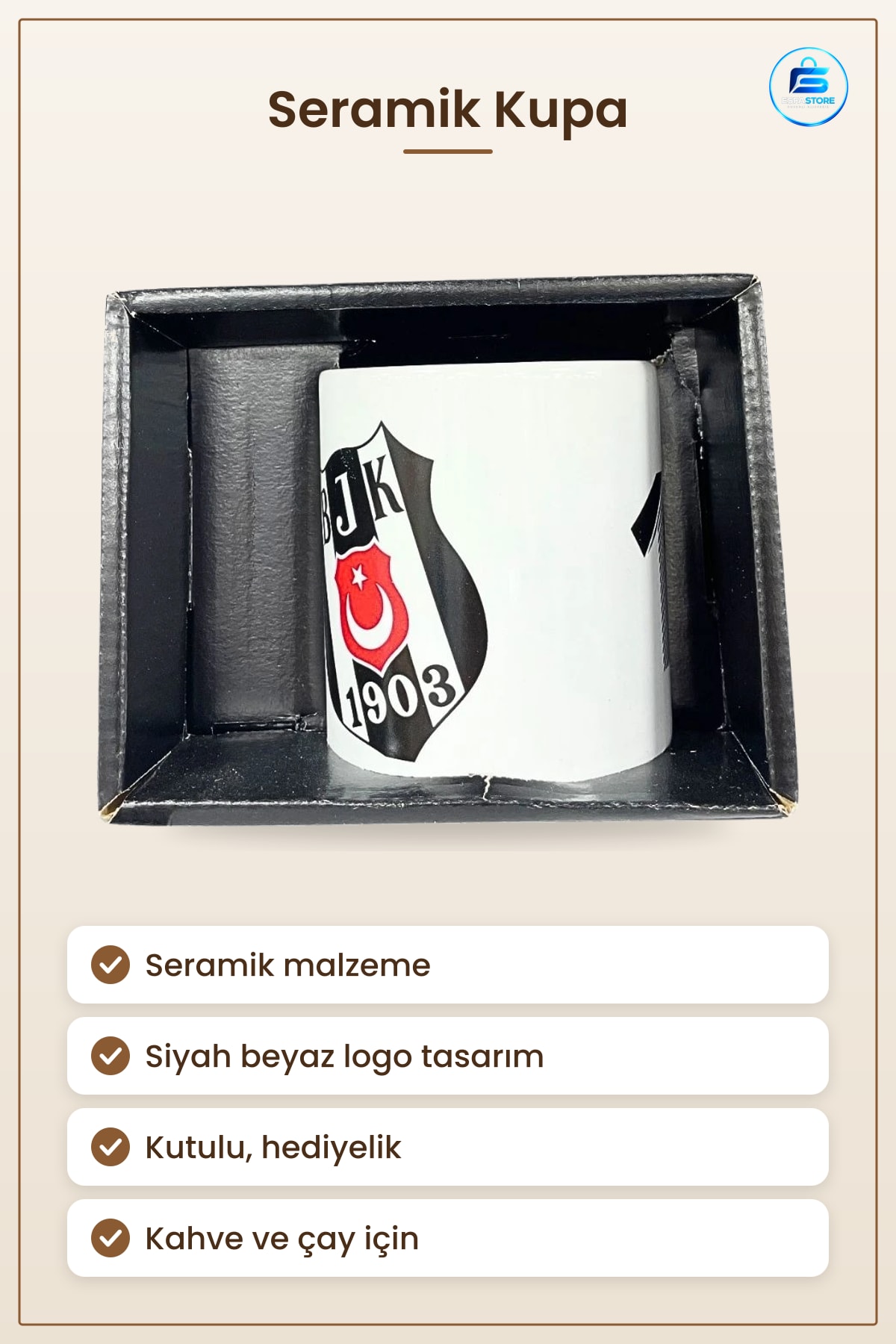 Taraftar Seramik Kupa Siyah Beyaz Logolu Hediyelik Kutulu Ev ve Ofis İçin Kahve Çay Kullanımı
