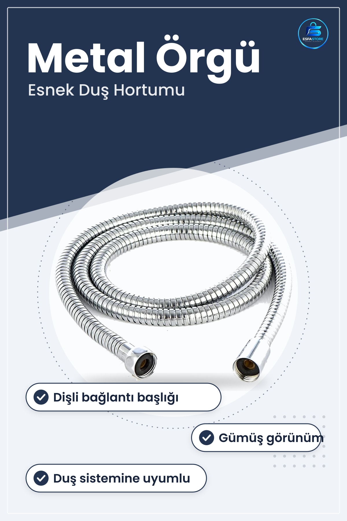 Metal Örgülü Duş Hortumu Banyo Sistemi İçin Esnek Bağlantı Parçası Gümüş Görünüm
