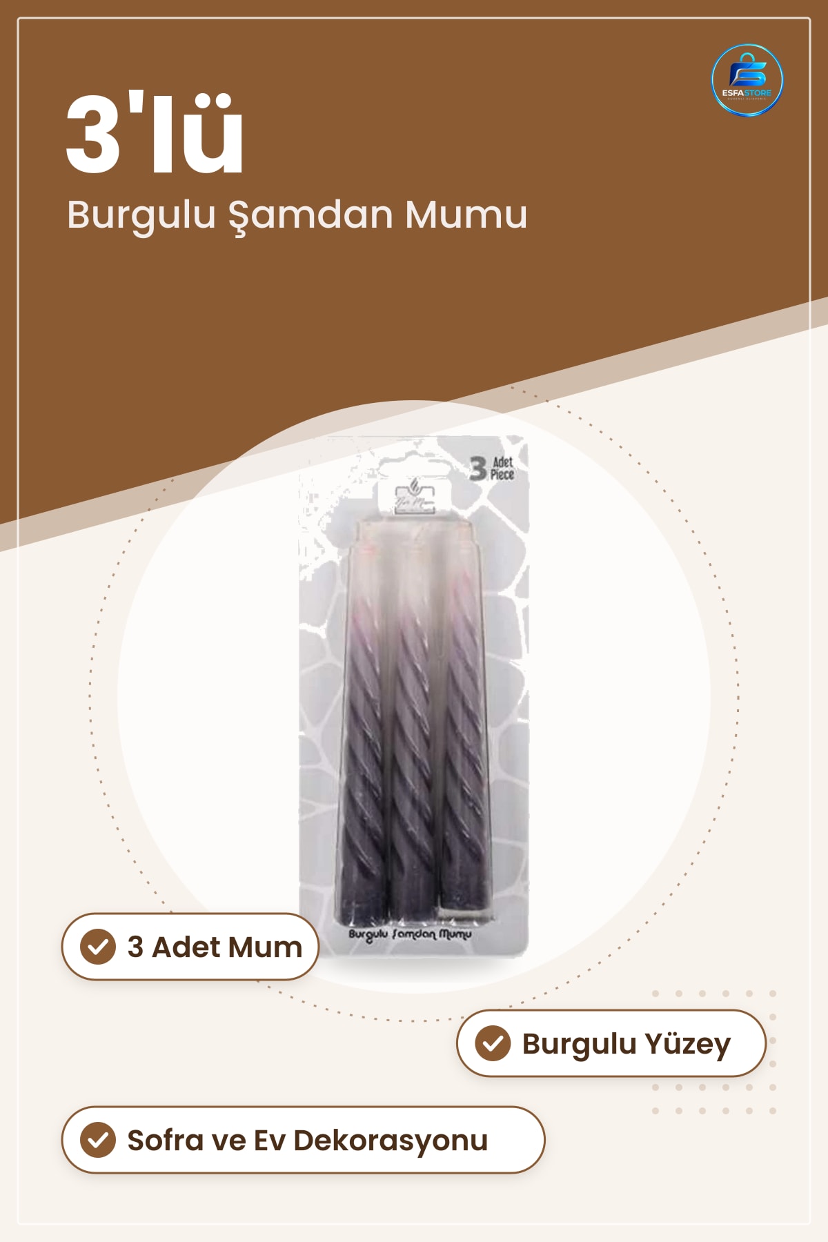 Şamdan Mumu 3'lü Burgulu Mum Kandil Ev Dekorasyonu İçin Dekoratif Aydınlatma Seti