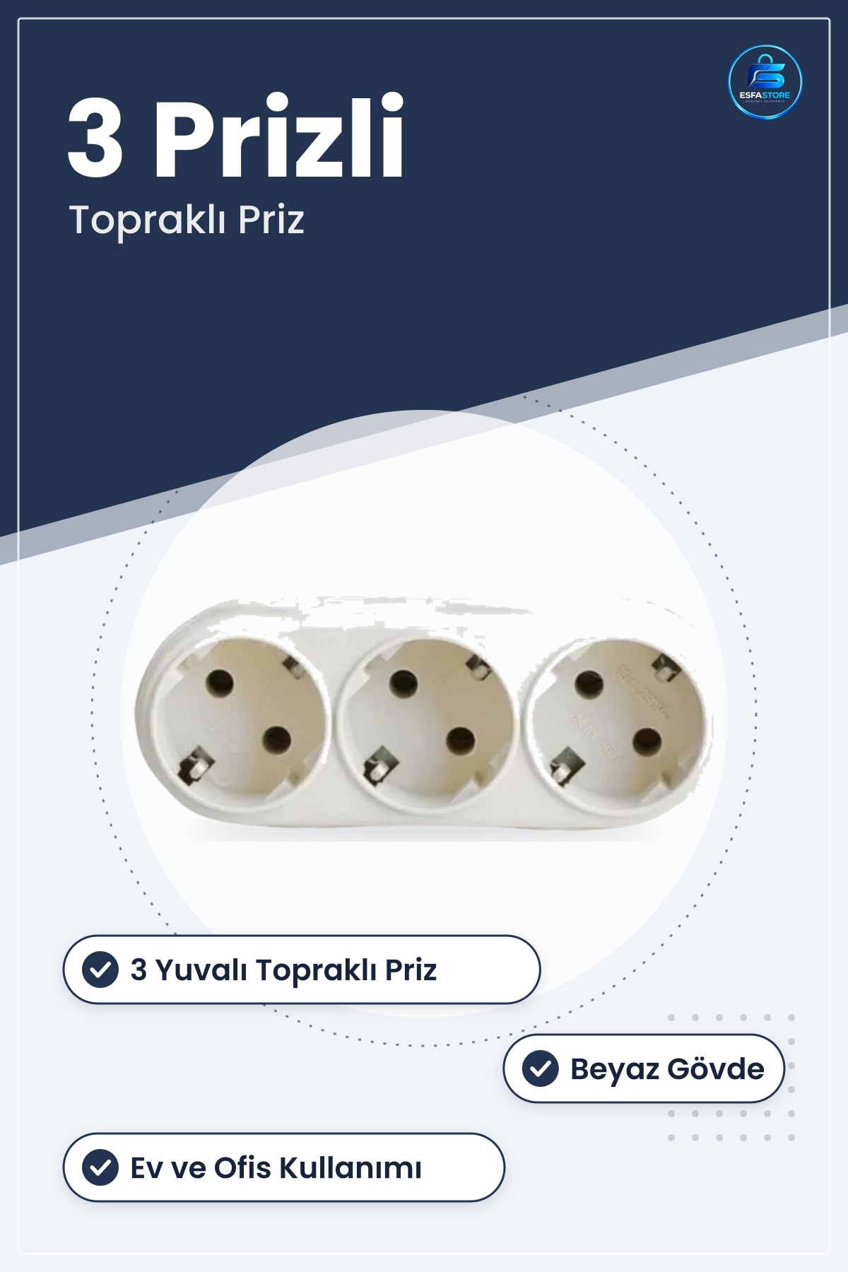 Golyat 3 Prizli Toprağlı Üçlü Priz Ev Ofis Mutfak Elektrik Tesisat Malzemesi Beyaz