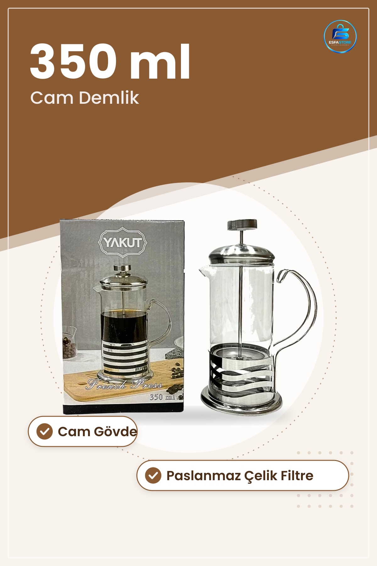 French Press 350 ml Cam Kahve Demliği Paslanmaz Çelik Filtreli Mutfak Sofra Demleme Aracı