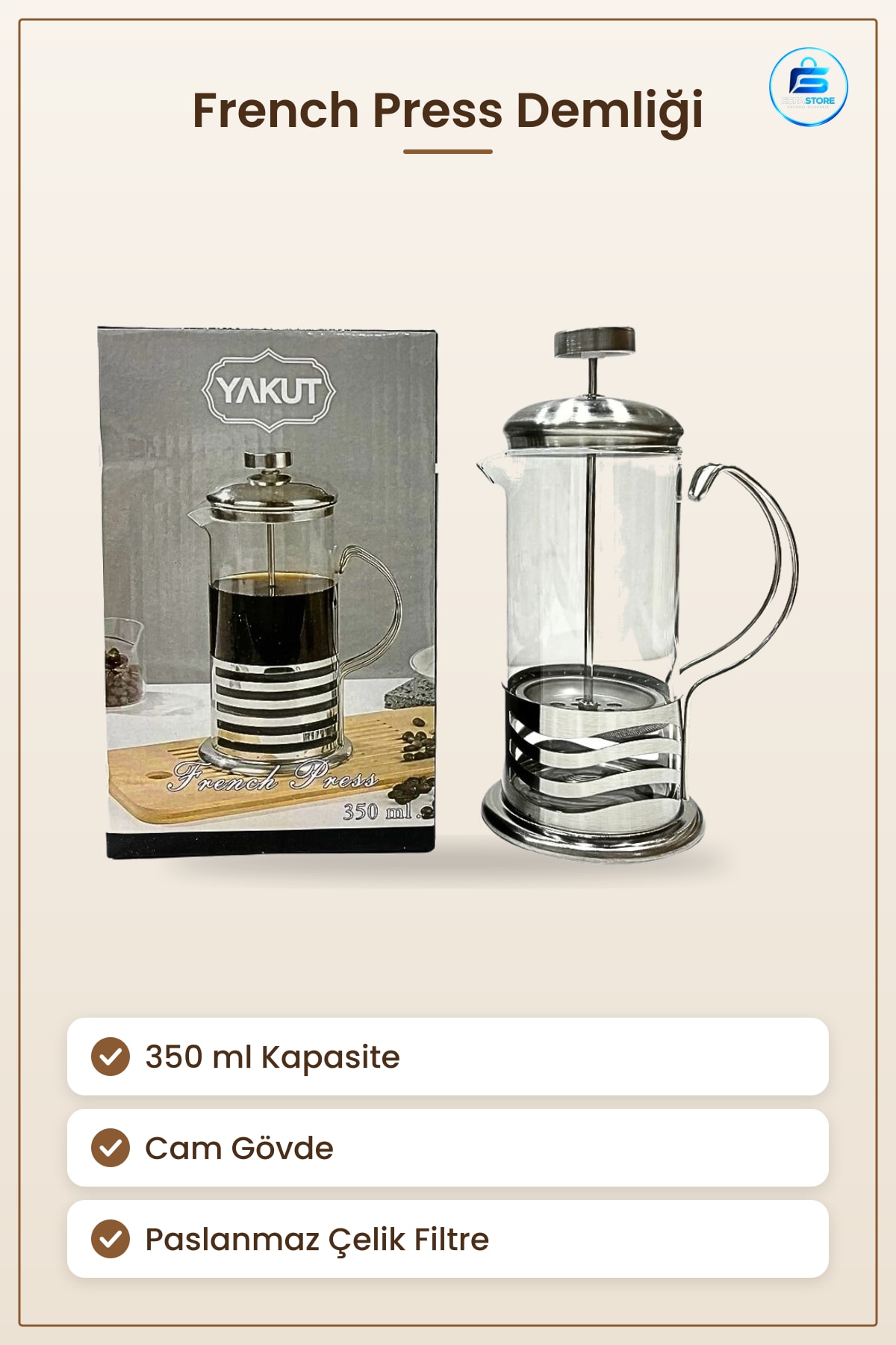 French Press 350 ml Cam Kahve Demliği Paslanmaz Çelik Filtreli Mutfak Sofra Demleme Aracı