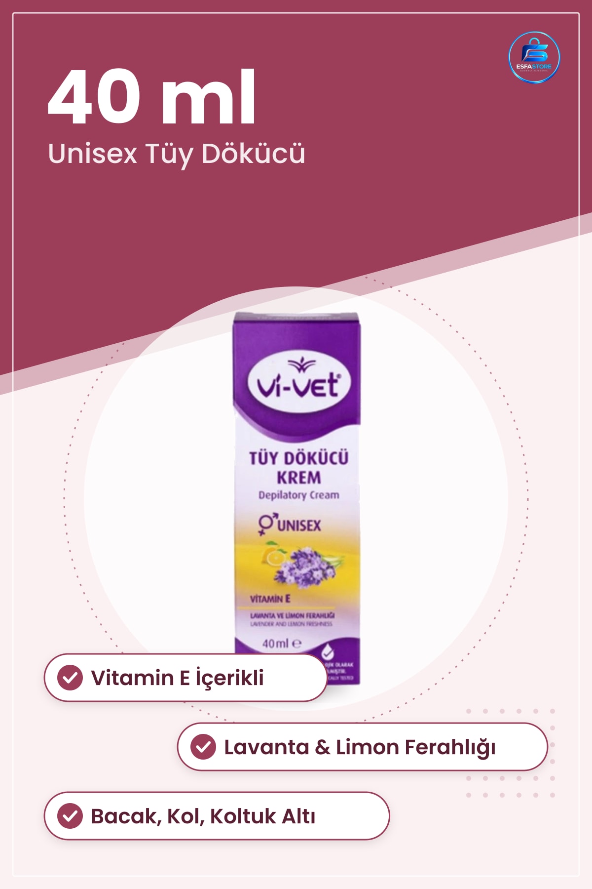 Tüy Dökücü Krem 40 ml Unisex Vitamin E Lavanta Limon Ferahlığı Bacak Kol Koltuk Altı