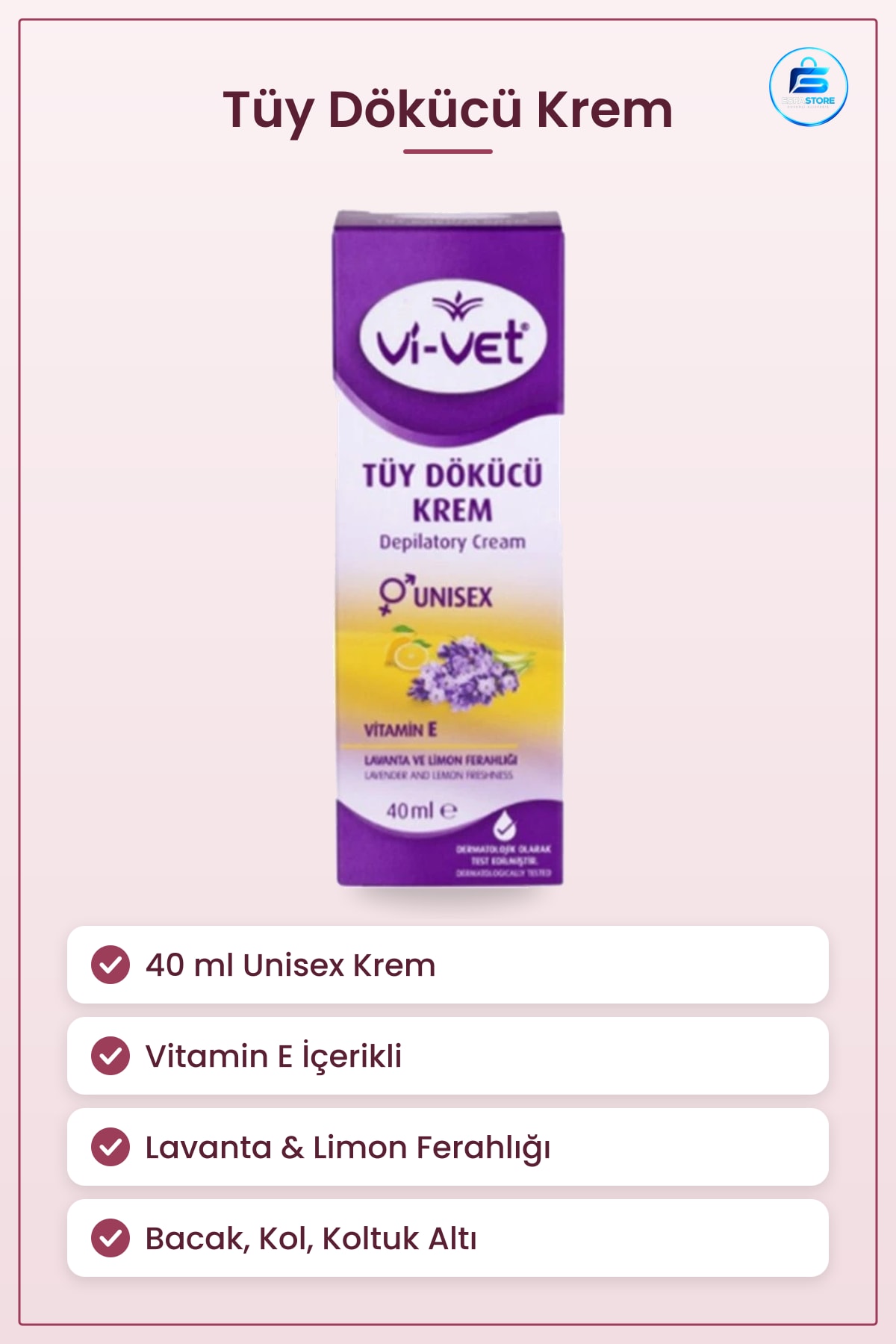 Tüy Dökücü Krem 40 ml Unisex Vitamin E Lavanta Limon Ferahlığı Bacak Kol Koltuk Altı