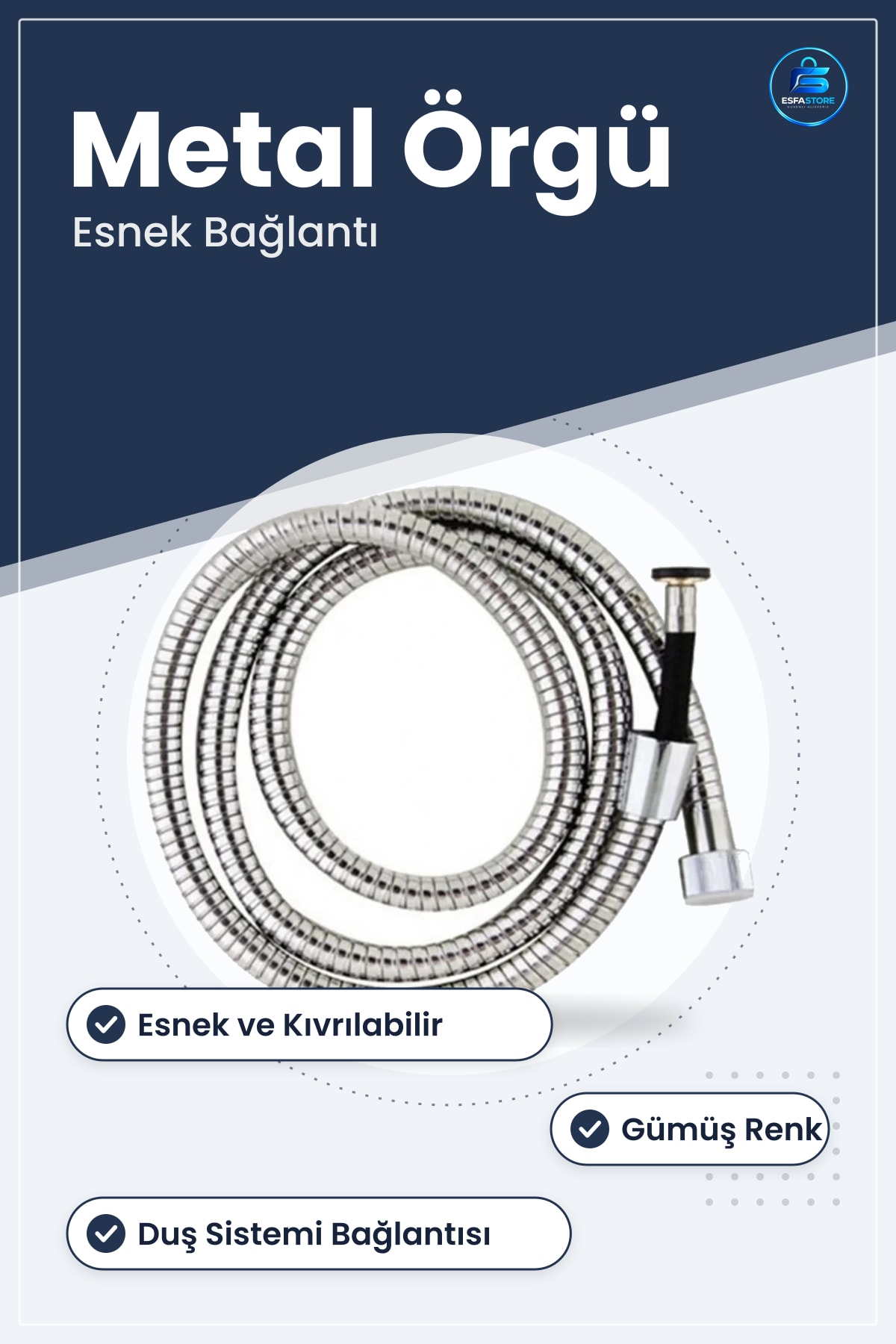 Örgülü Duş Hortumu Esnek Metal Gümüş Renk Ev Tipi Banyo Sistemi Bağlantı Aksesuarı