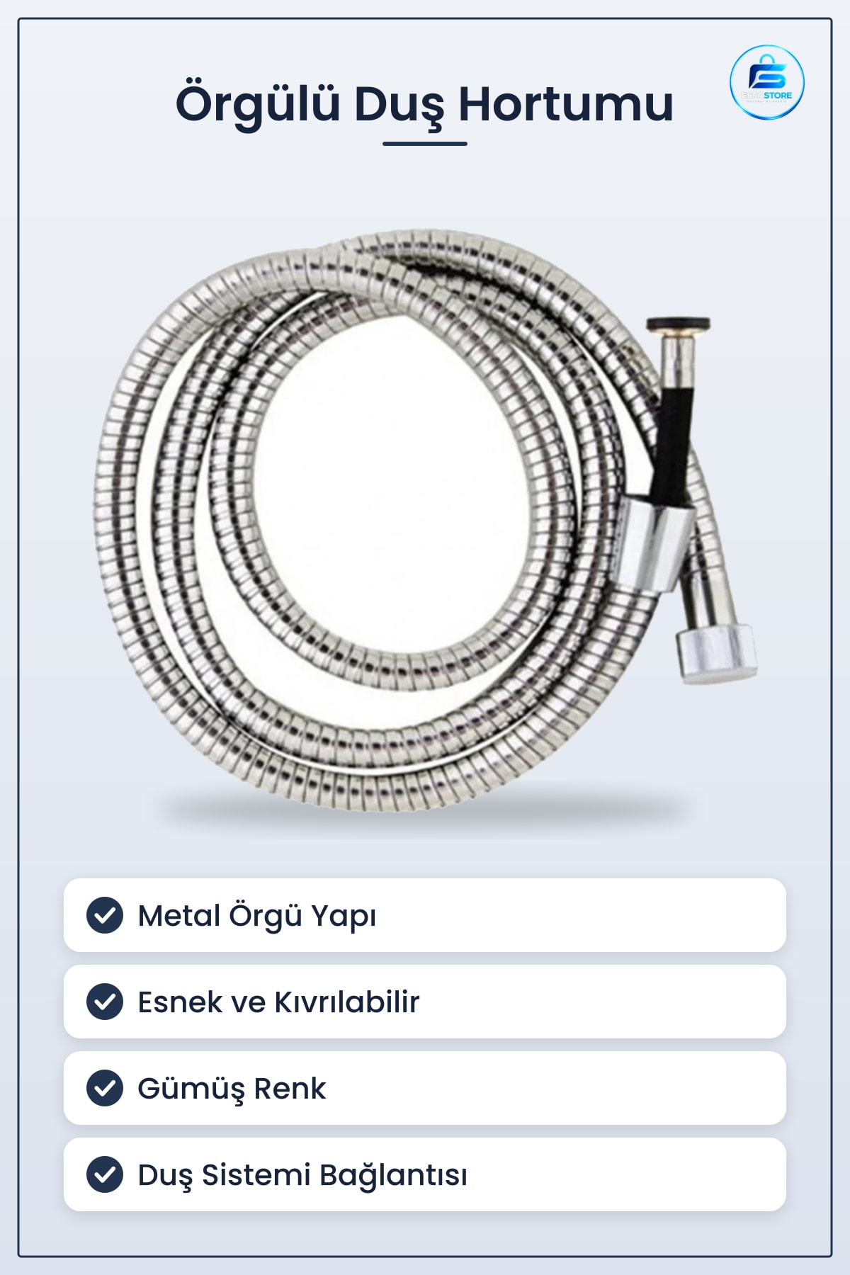 Örgülü Duş Hortumu Esnek Metal Gümüş Renk Ev Tipi Banyo Sistemi Bağlantı Aksesuarı