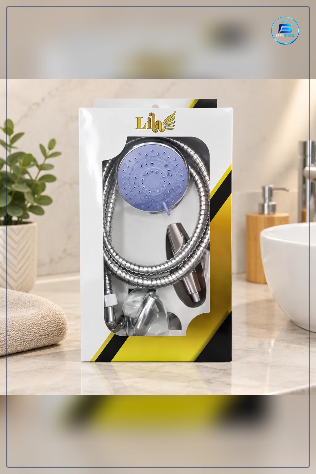 Lila Kutulu Banyo Seti Duş Başlığı Metal Hortumlu Askı Dahil Ev Kullanımına Uygun Komple Aksesuar