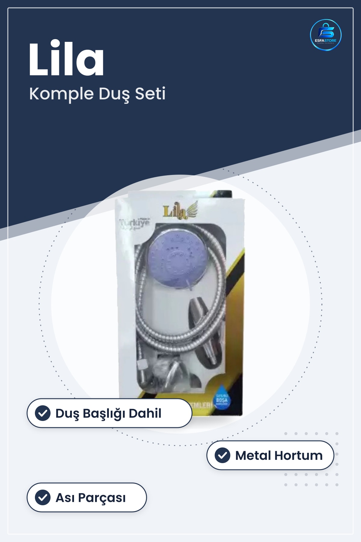 Lila Kutulu Banyo Seti Duş Başlığı Metal Hortumlu Askı Dahil Ev Kullanımına Uygun Komple Aksesuar