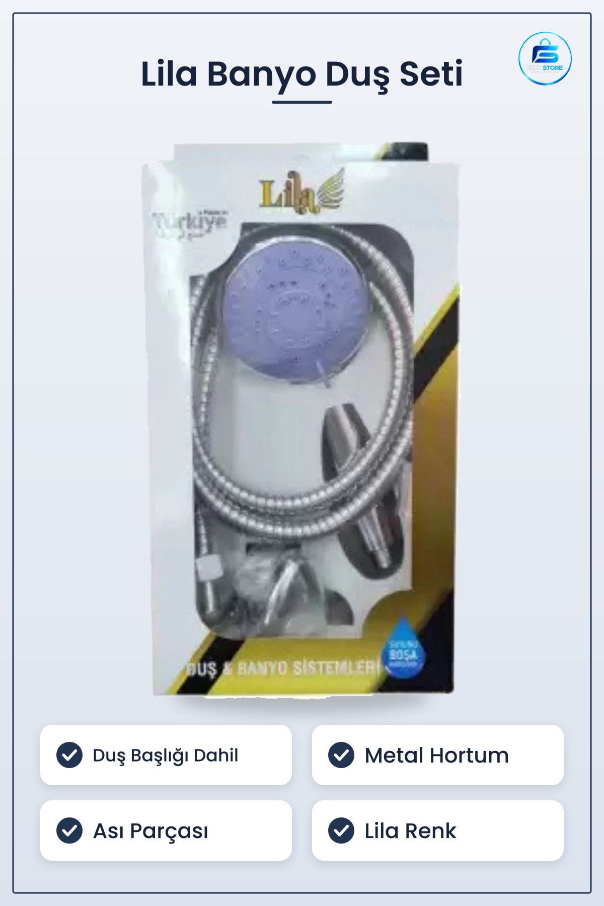 Lila Kutulu Banyo Seti Duş Başlığı Metal Hortumlu Askı Dahil Ev Kullanımına Uygun Komple Aksesuar