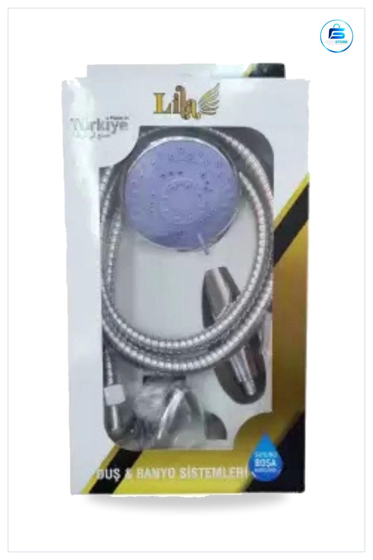 Lila Kutulu Banyo Seti Duş Başlığı Metal Hortumlu Askı Dahil Ev Kullanımına Uygun Komple Aksesuar