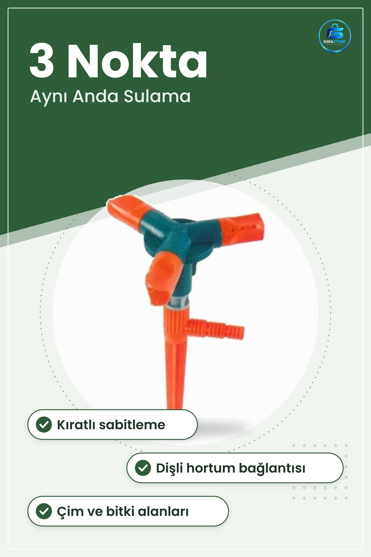 Üçlü Bahçe Sulama Fıskiyesi Aparatı Üç Noktaya Aynı Anda Su Dağıtımı Kazıklı Çim Alanı