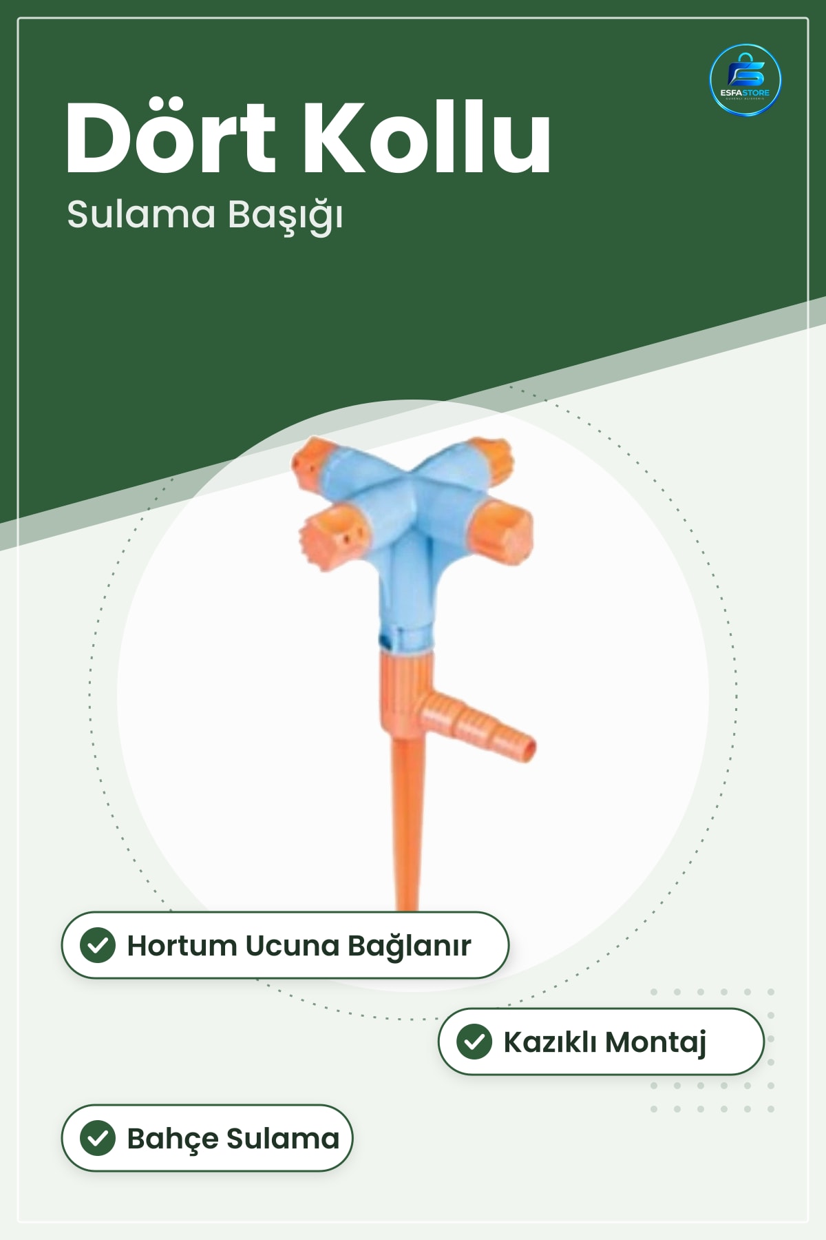 Dörtlü Sulama Başlığı Bahçe Aparatı Dört Yönlü Püskürücü Hortum Bağlantılı Kazıklı