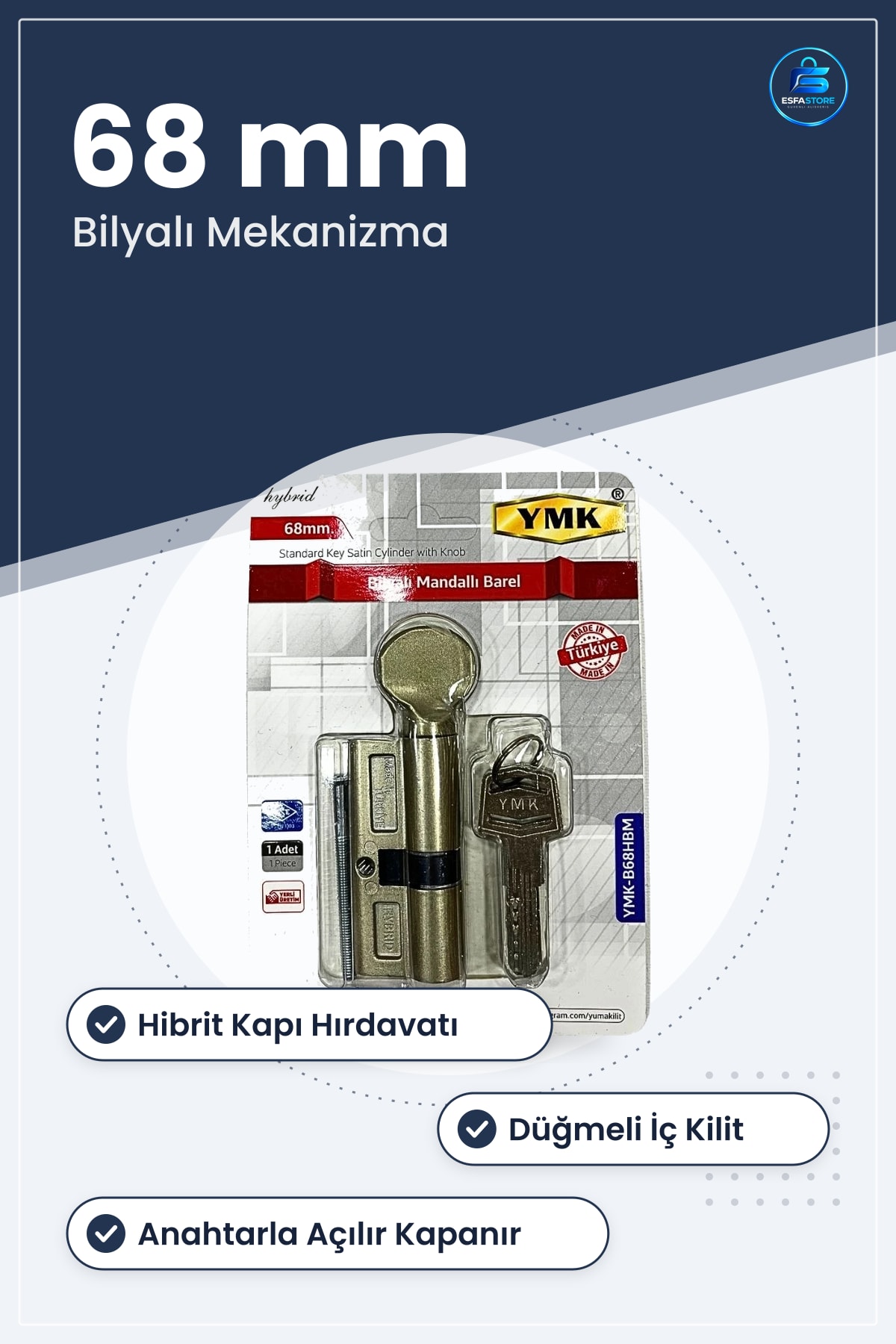 Bilyalı Mandallı Barel 68 mm Hibrit Kapı Hırdavatı Düğmeli Kilit Silindiri Yerli Üretim Ev