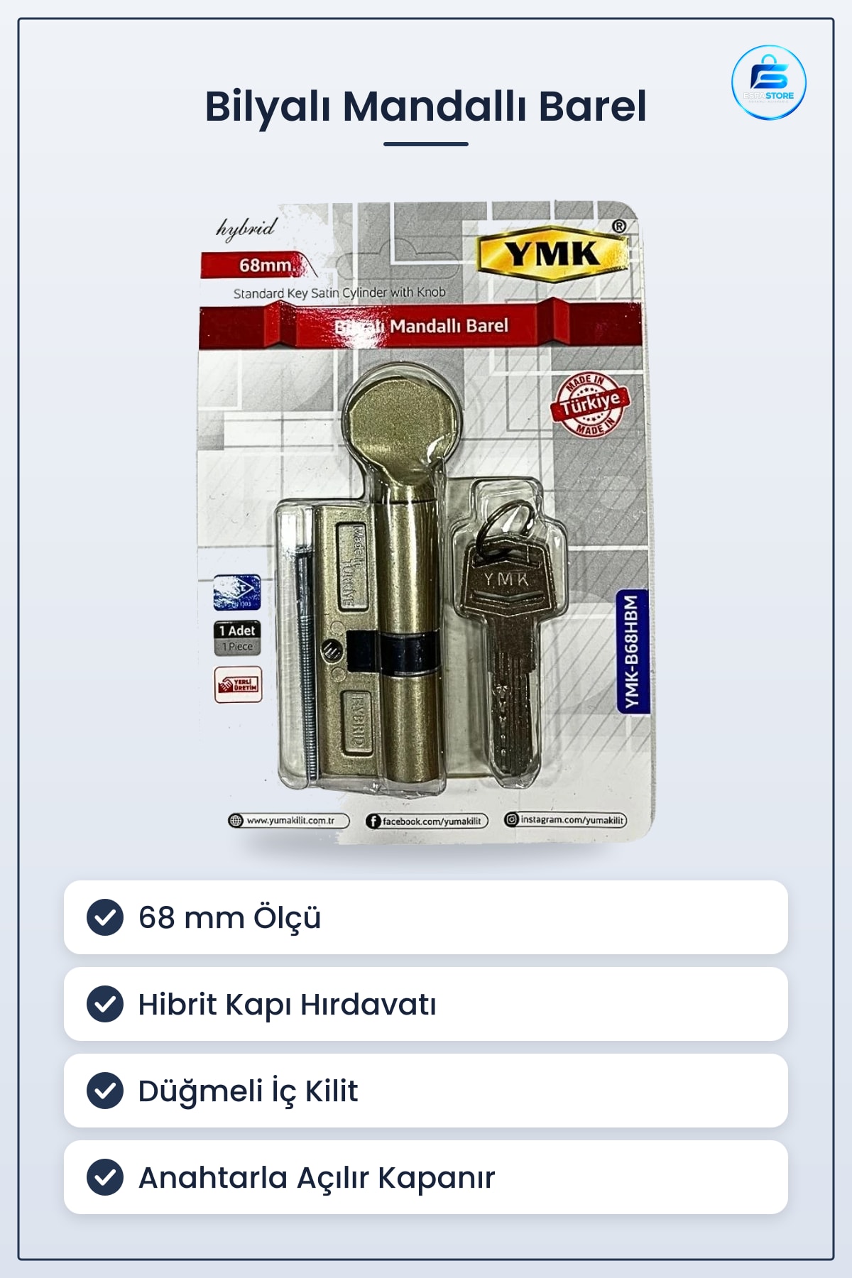 Bilyalı Mandallı Barel 68 mm Hibrit Kapı Hırdavatı Düğmeli Kilit Silindiri Yerli Üretim Ev
