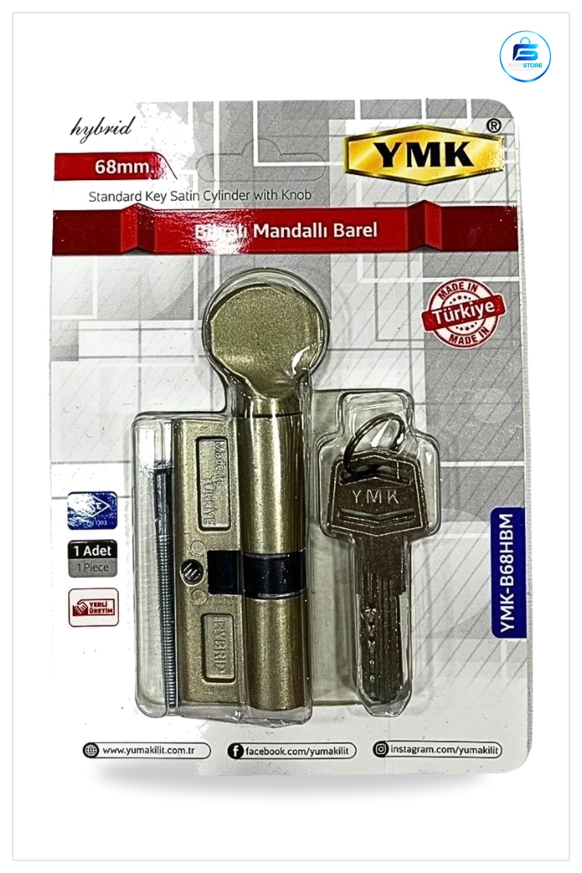 Bilyalı Mandallı Barel 68 mm Hibrit Kapı Hırdavatı Düğmeli Kilit Silindiri Yerli Üretim Ev