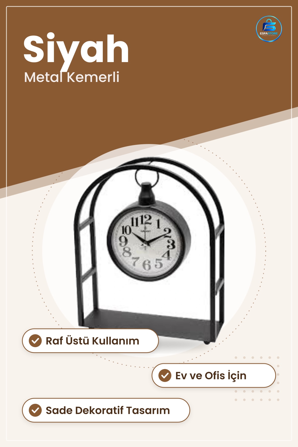 Elips Masa Saati Siyah Metal Kemerli Tasarım Raf Üstü Dekoratif Ev Ofis Çalışma Odası Dekor