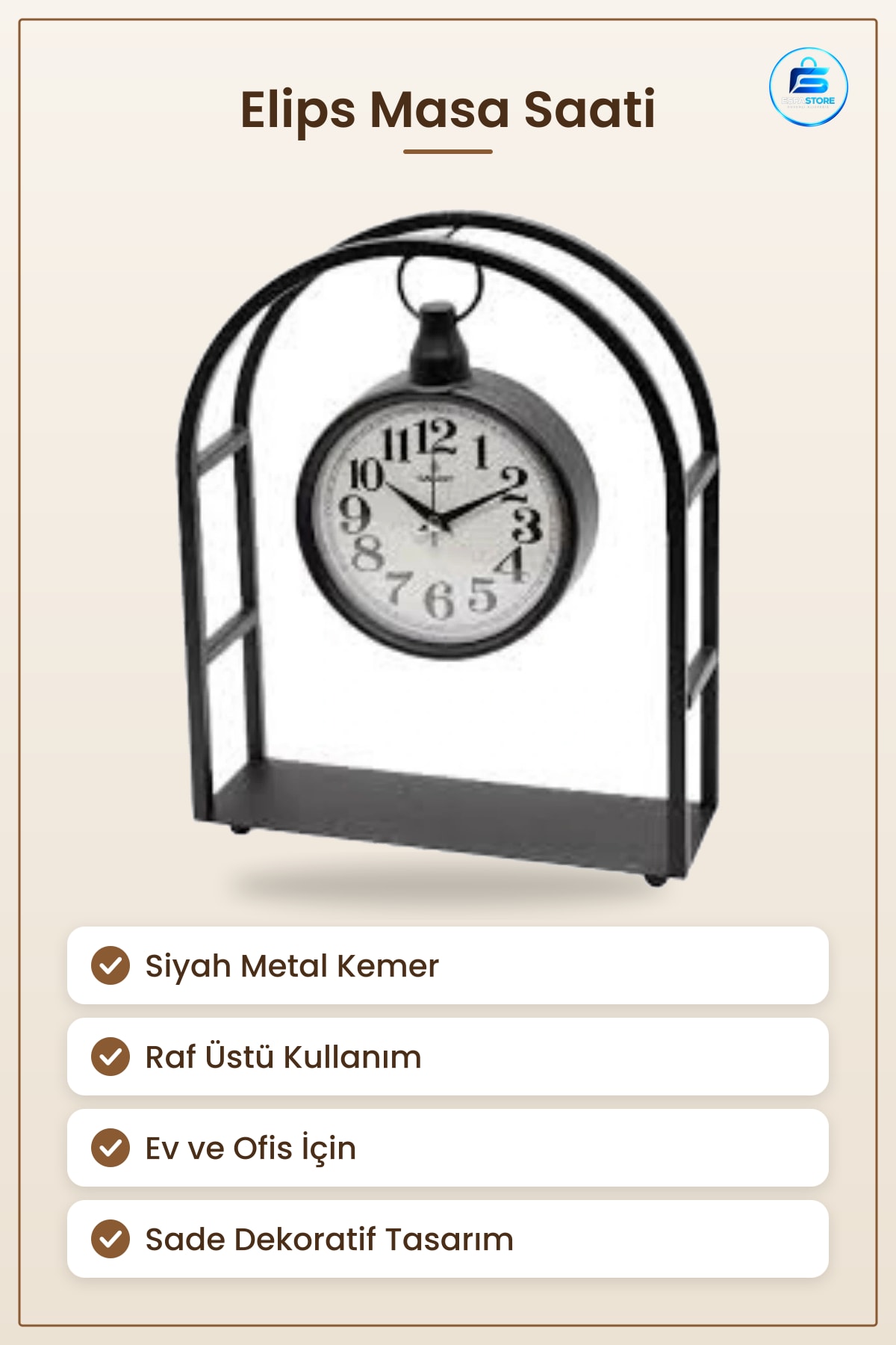 Elips Masa Saati Siyah Metal Kemerli Tasarım Raf Üstü Dekoratif Ev Ofis Çalışma Odası Dekor