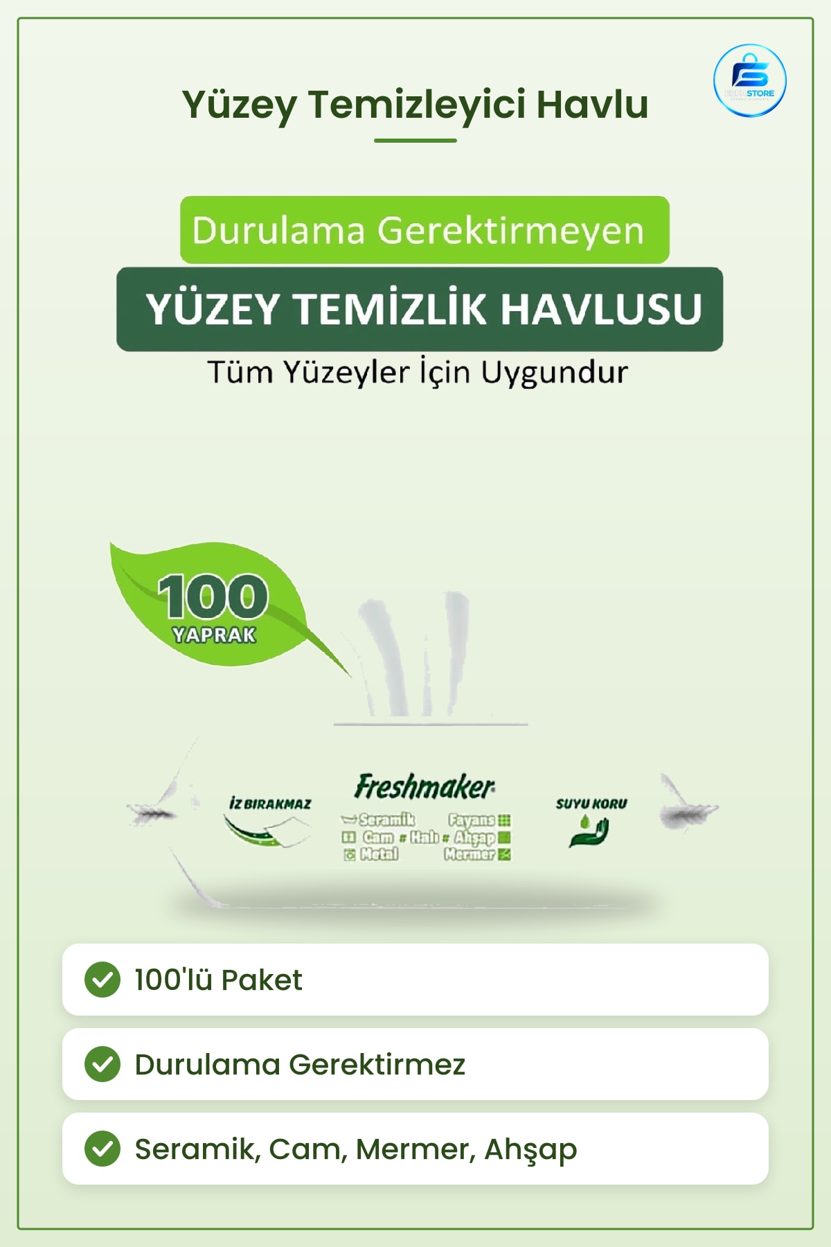 Yüzey Temizleyici Havlu 100'lü Durulama Gerektirmeyen Seramik Fayans Cam Mermer Ahşap Temizlik