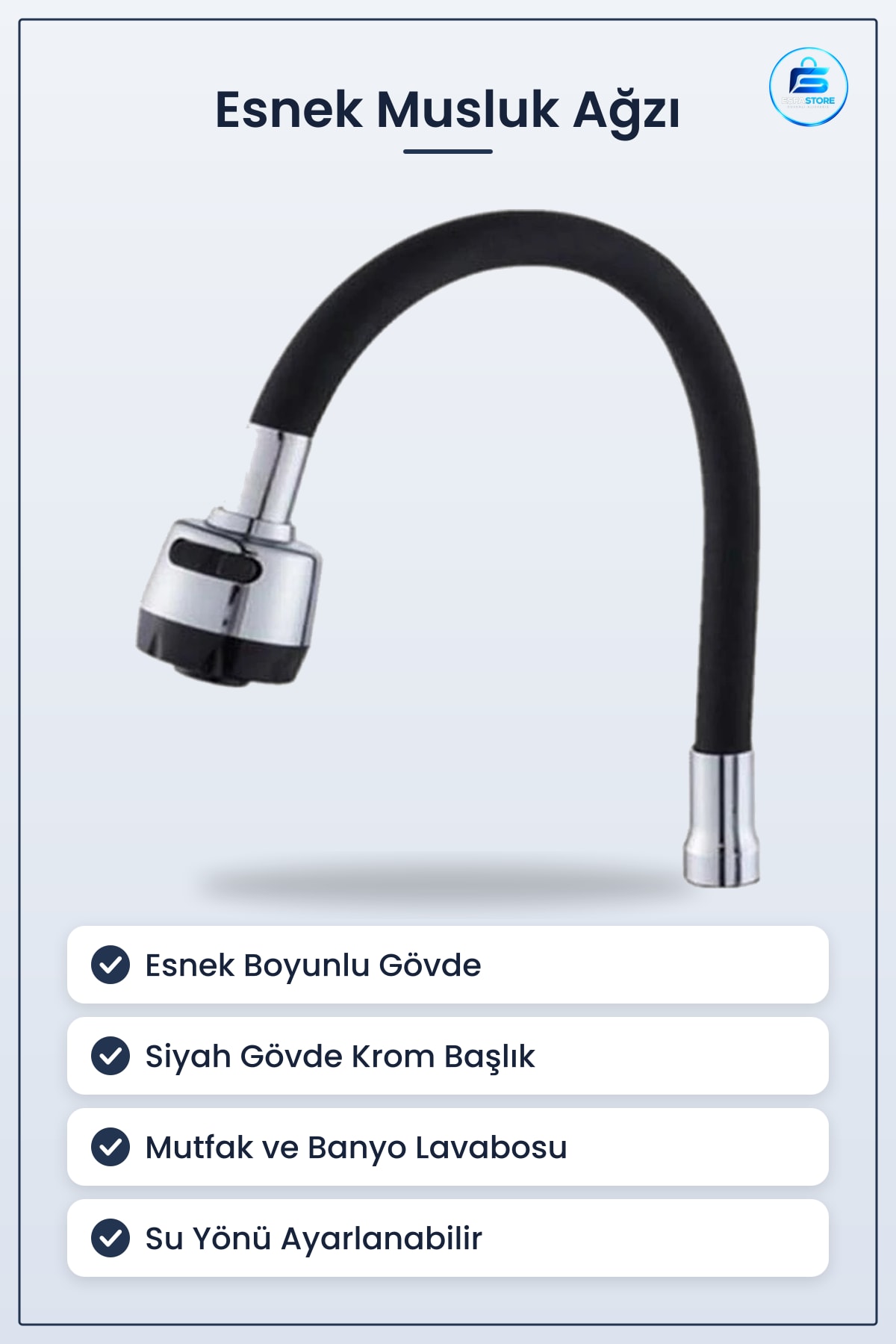 Siyah Kubar Esnek Mutfak Musluk Ağzı Krom Başlıklı Su Çıkışı Banyo Tesisatı Parçası