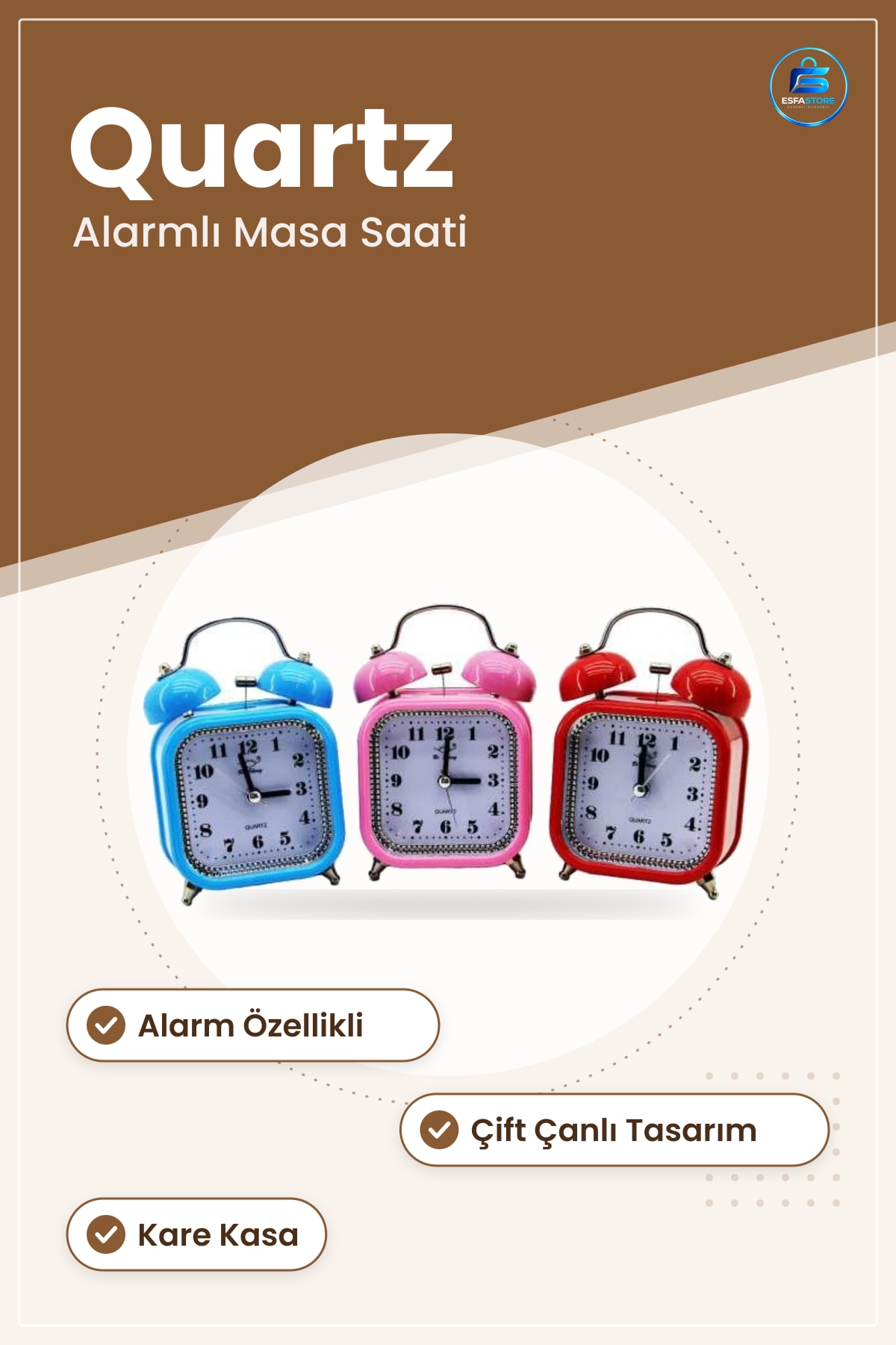 Çalar Saat Kareli Çift Zilli Alarmlı Quartz Masa Saati Kare Kasa 1 Adet Dekoratif Masaüstü