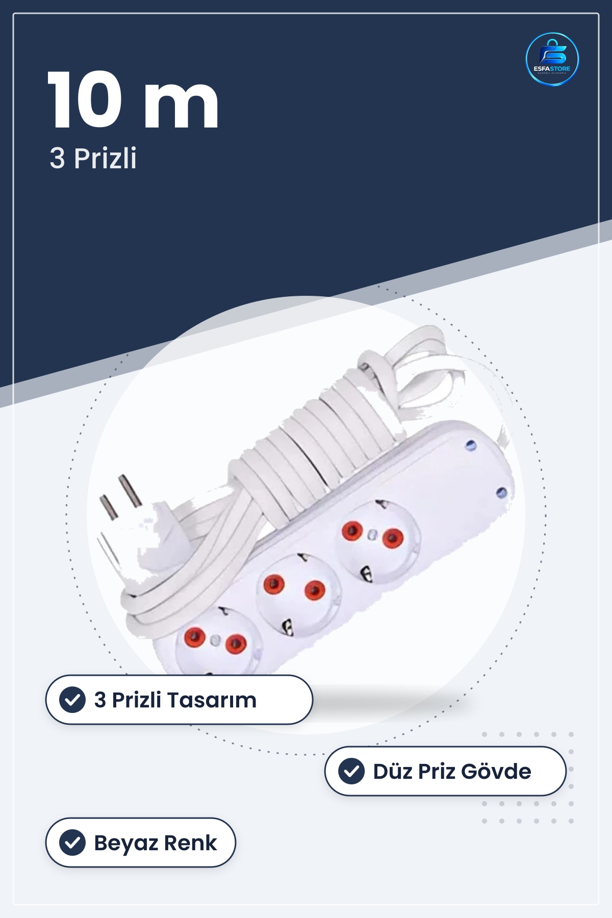 Grup Priz Uzatma Kablosu Düz Tasarım 10 m Beyaz 3 Prizli Ev Ofis Kullanımı İçin Elektrik